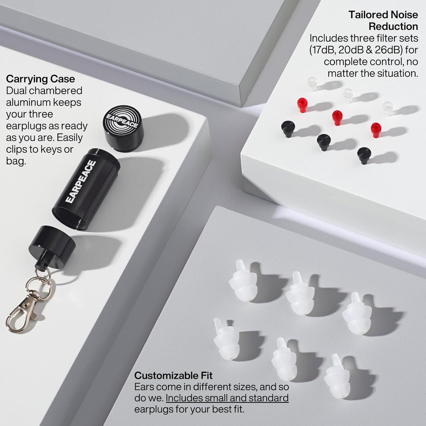EarPeace Music - Concert Ear Plugs - Earplugs for Noise Reduction up to 26dB - High Fidelity Ear Plugs for Concerts, Musicians and Live Events - Reusable Earplugs - Includes 3 Filter Sets and Case