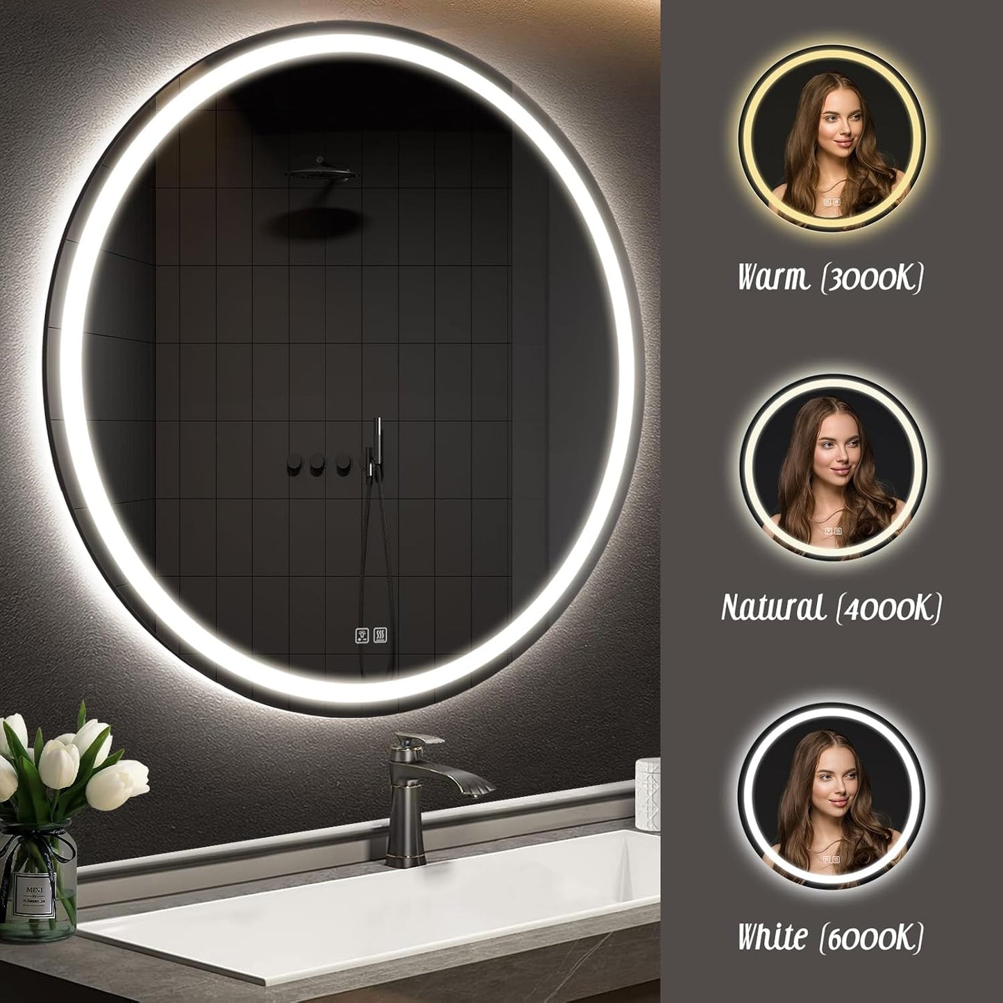 APRILSOUL 28 Inch Round LED Bathroom Mirror with Lights, Makeup Mirror with Front and Backlit, Anti-Fog, 3 Colors and Dimmable Light