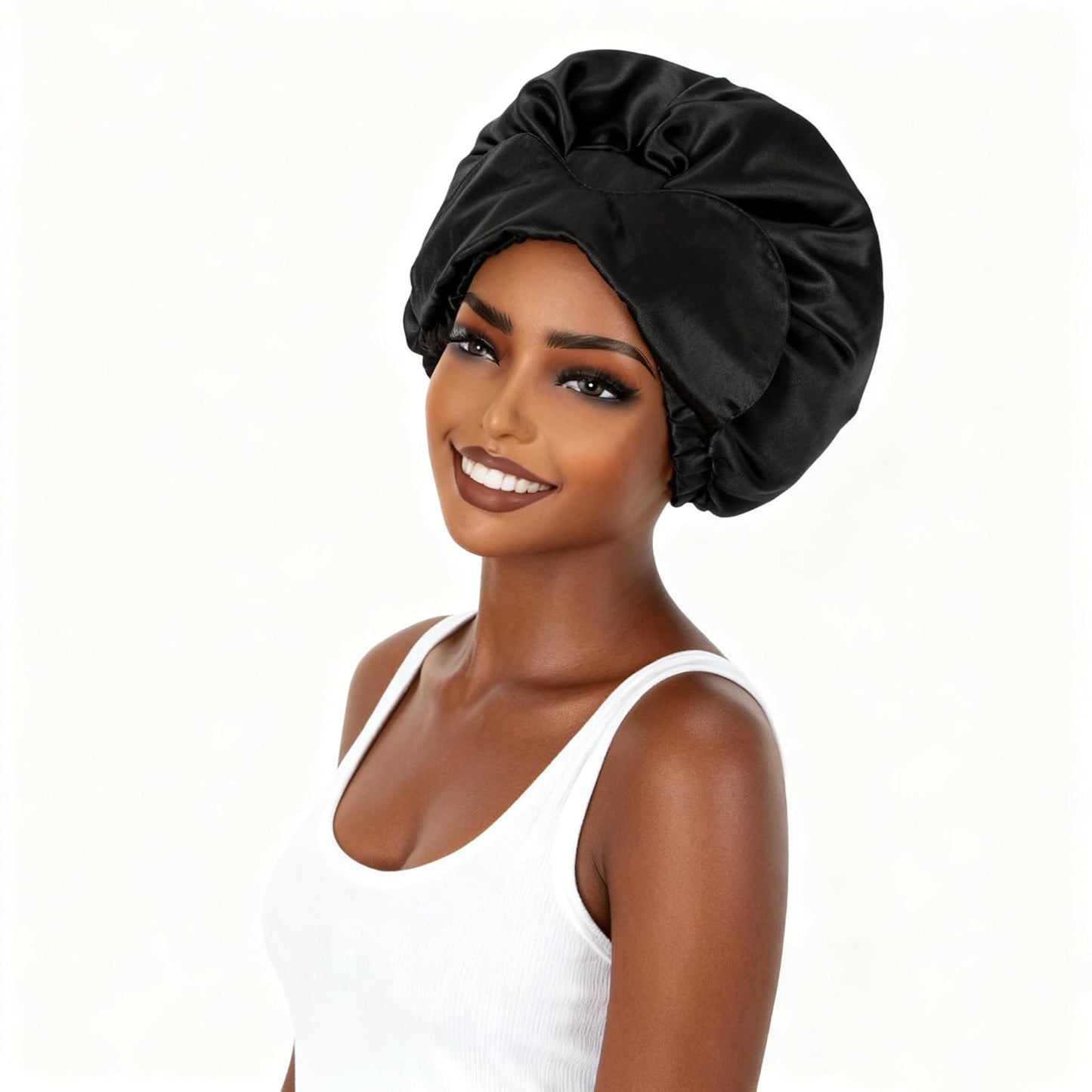 Black Satin Bonnet for Sleeping Women Adjustable Silk Hair Bonnet for Natural & Curly Hair Soft Satin Lined Bonnet Double Layer with Elastic Band Silk Sleep Cap