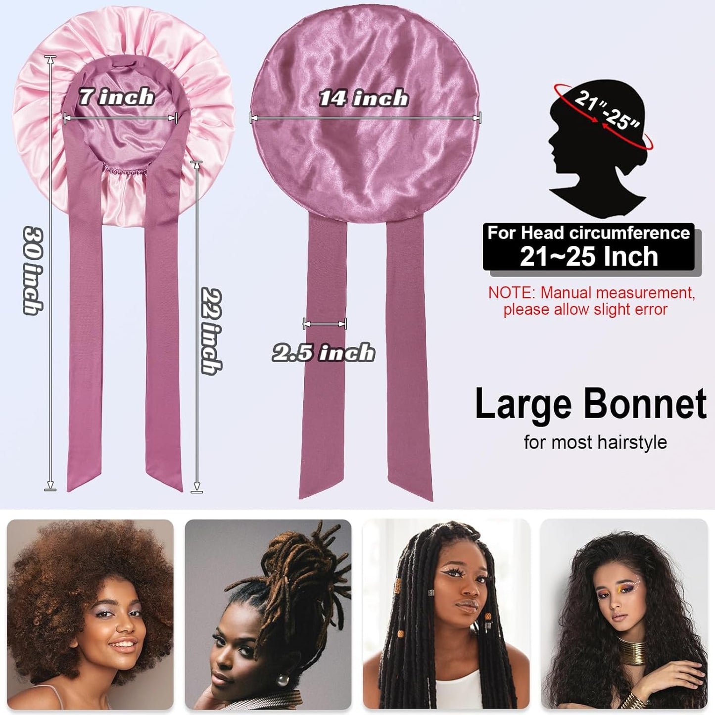 Double Layered Silk Satin Bonnet with Tie for Sleeping Black Women, Wide Band Large Hair Wrap Sleep Cap for Curly Hair Braid
