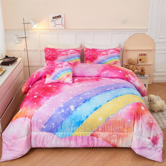 ANGIYUIN 6 Pieces Pink Tie Dye Full Size Bedding Sets for Girls/Teens/Kids, Colorful Rainbow Girls Comforter Set, Sparkle Galaxy Glitter Bedding Comforter Set for All Season
