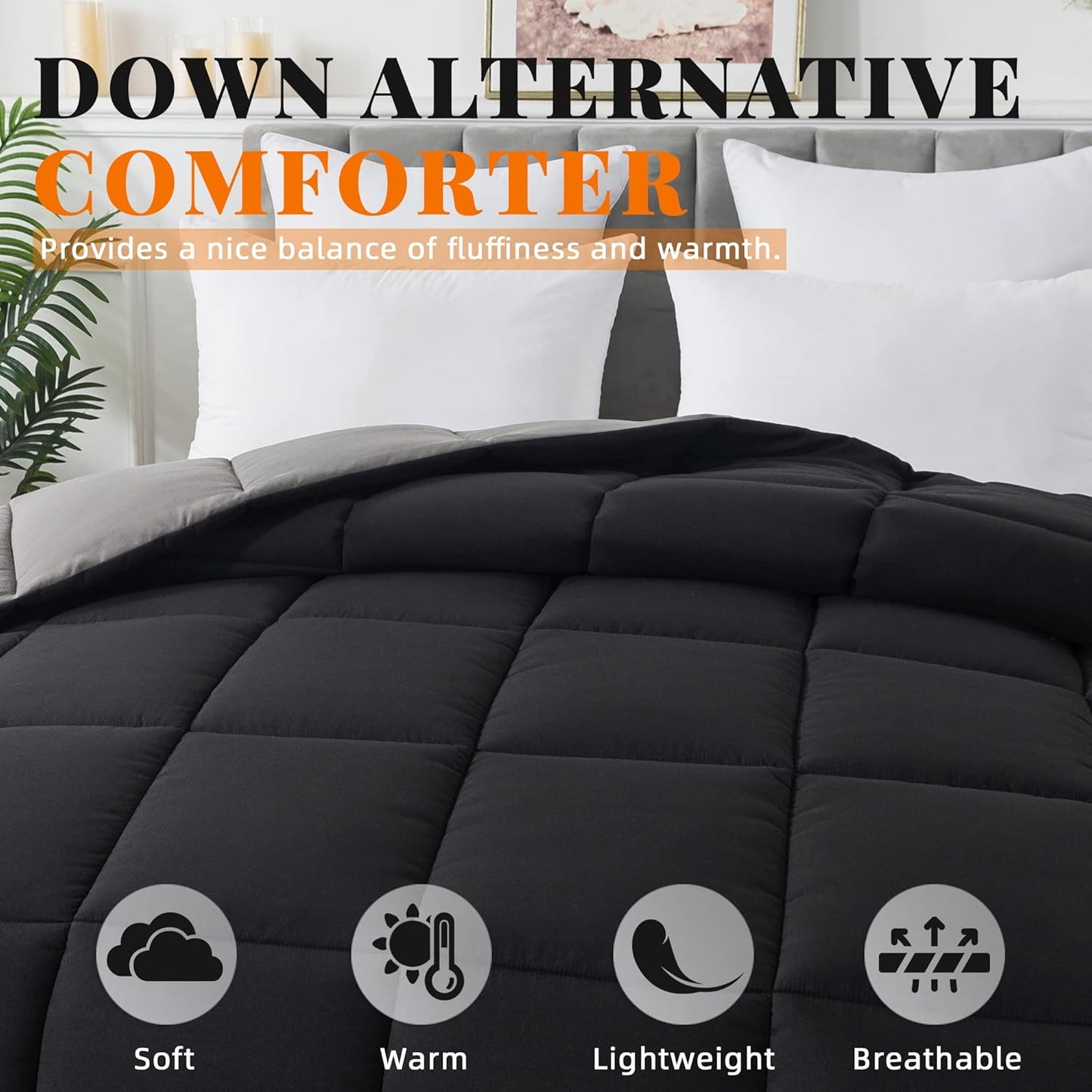 Cosybay Down Alternative Comforter (Black/Grey, King) - All Season Soft Quilted King Size Bed Comforter - Duvet Insert with Corner Tabs -Winter Summer Warm Fluffy, 102x90 inches