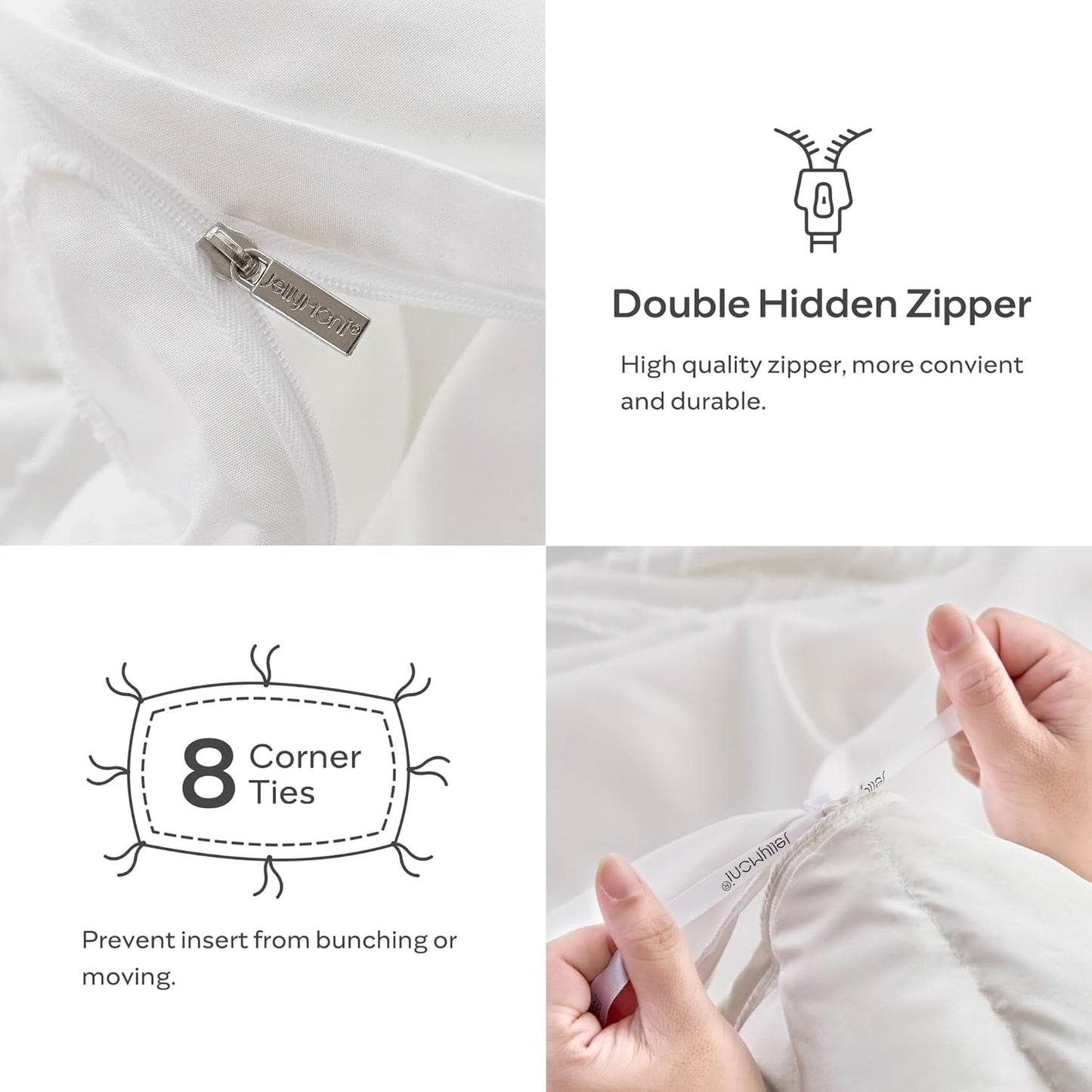 JELLYMONI Duvet Cover King Size White - 3PCS Boho Duvet Cover Set Plaid Polyester Tufted Bohemian Jacquard Knit Textured Comforter Cover 104×90in Rhombic Geometric Pattern Zipper Corner Tie