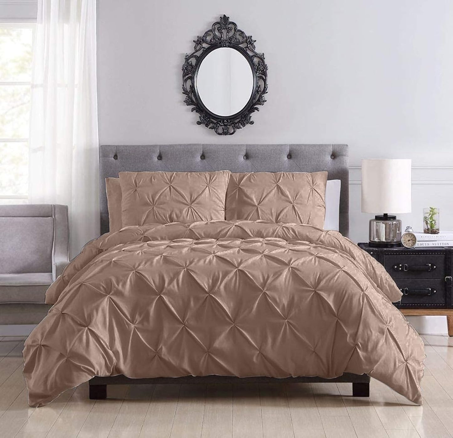 Pinch Pleated Duvet Cover Set 100% Cotton 3PC Full Size 80x90 Duvet Cover Set, Decorative Pinch Design Taupe Duvet Cover with Matching Pillow Case