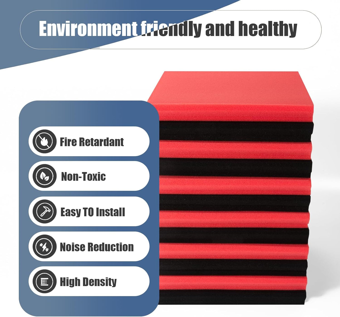 50 Pack Acoustic Panels 1 X 12 X 12 Inches - Acoustic Foam Studio Foam Wedges High Density Panels Soundproof Wedges Charcoal (Black&Red)