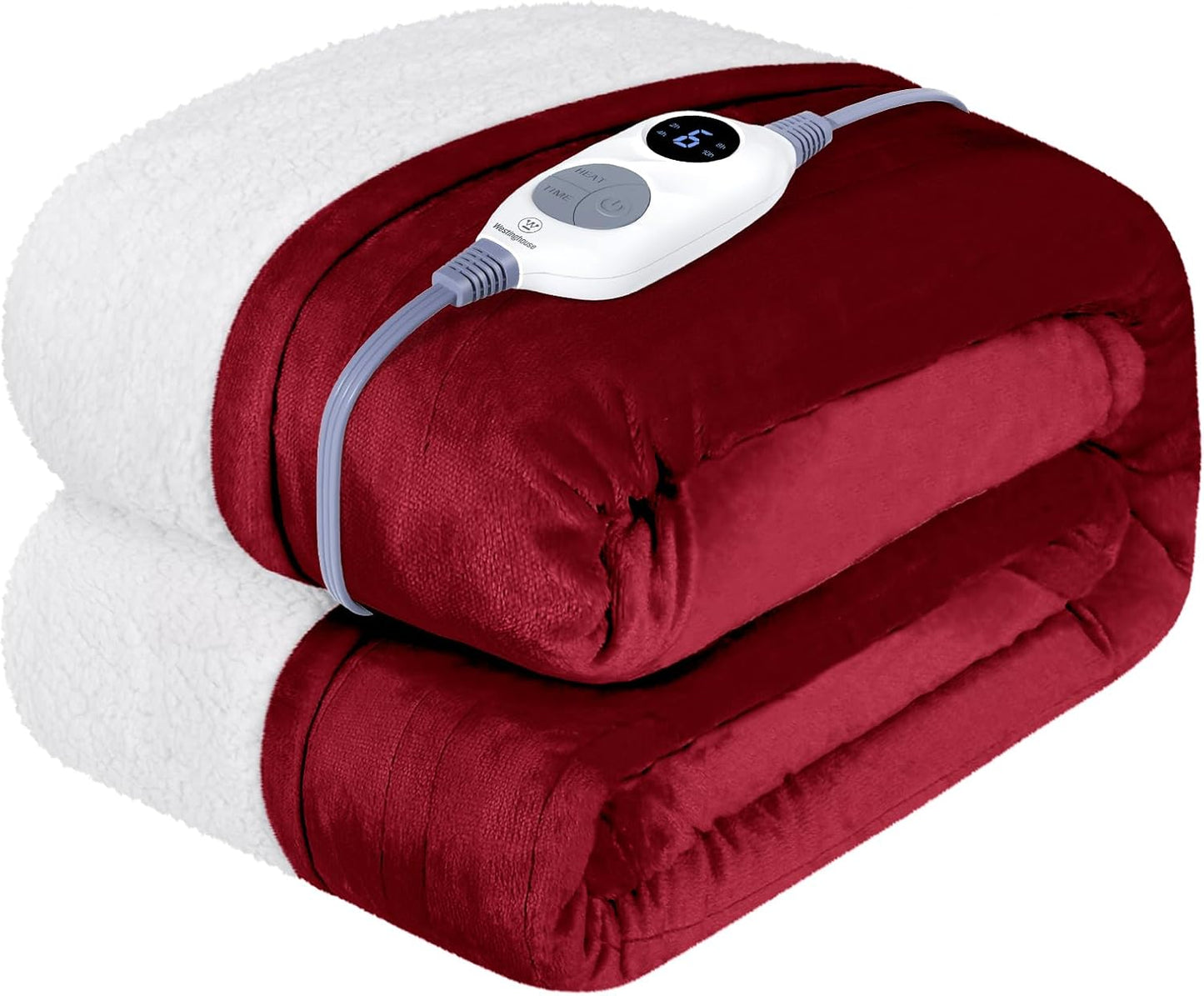 Westinghouse Heated Throw Blanket, Soft Flannel to Sherpa Electric Throw with 6 Heating Levels, 2-10 Hours Time Settings, Fast Heating, Machine Washable 50x60 Inch, Red