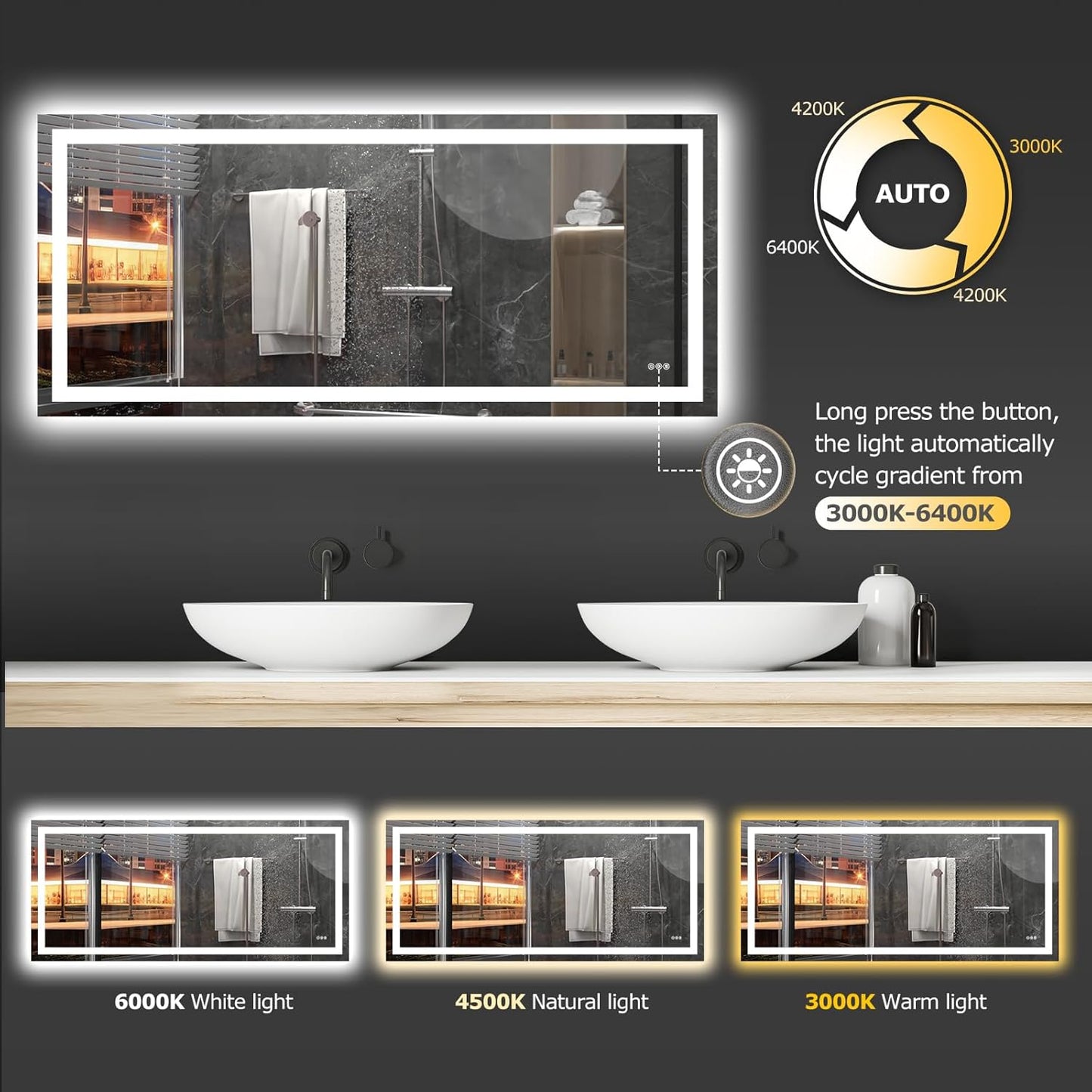 72X32 LED Bathroom Mirror with Lights, Anti-Fog, Dimmable, Backlit + Front Lit, Smart Bathroom Vanity Mirror, Memory Function, Shatterproof, Tempered Glass (Horizontal/Vertical)