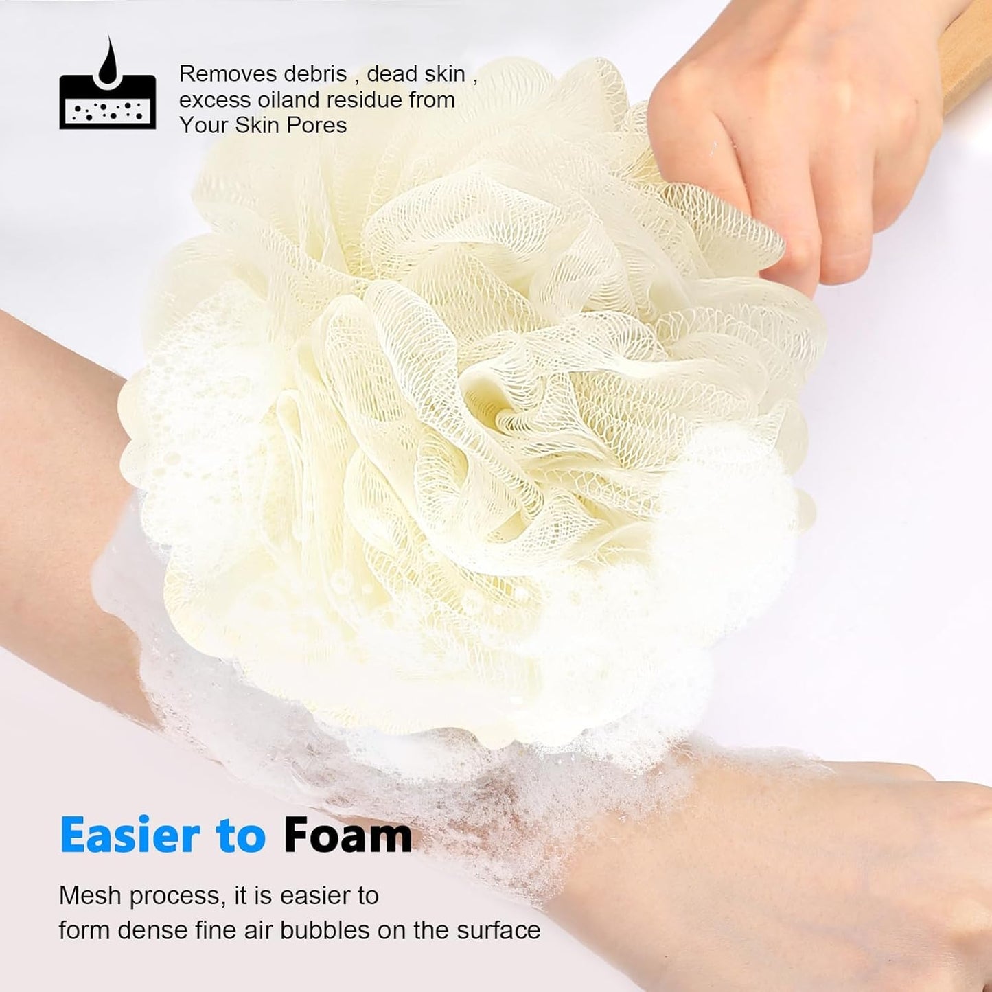 White Loofah on a Stick PE Soft Mesh Luffa Made of Soft and Sturdy Rubber Material Back Scrubber for Shower for Women and Men with String for Easy Hanging