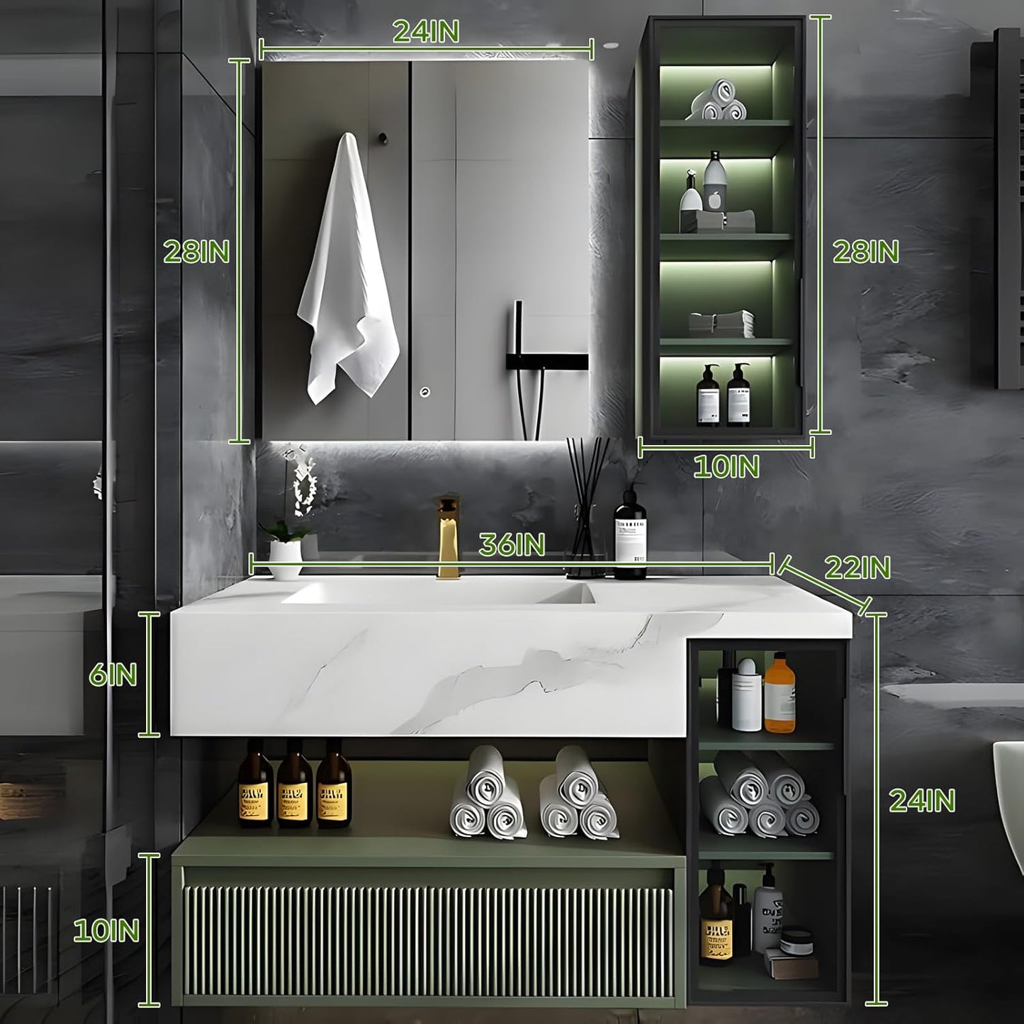 Floating Vanity for Bathroom, 36" Green Bathroom Vanity Set with LED Defog Mirror and Side Medicine Cabinet, Wall Mount Bathroom Storage Cabinet with Glass Door, Single Sink Bath Vanities - Green