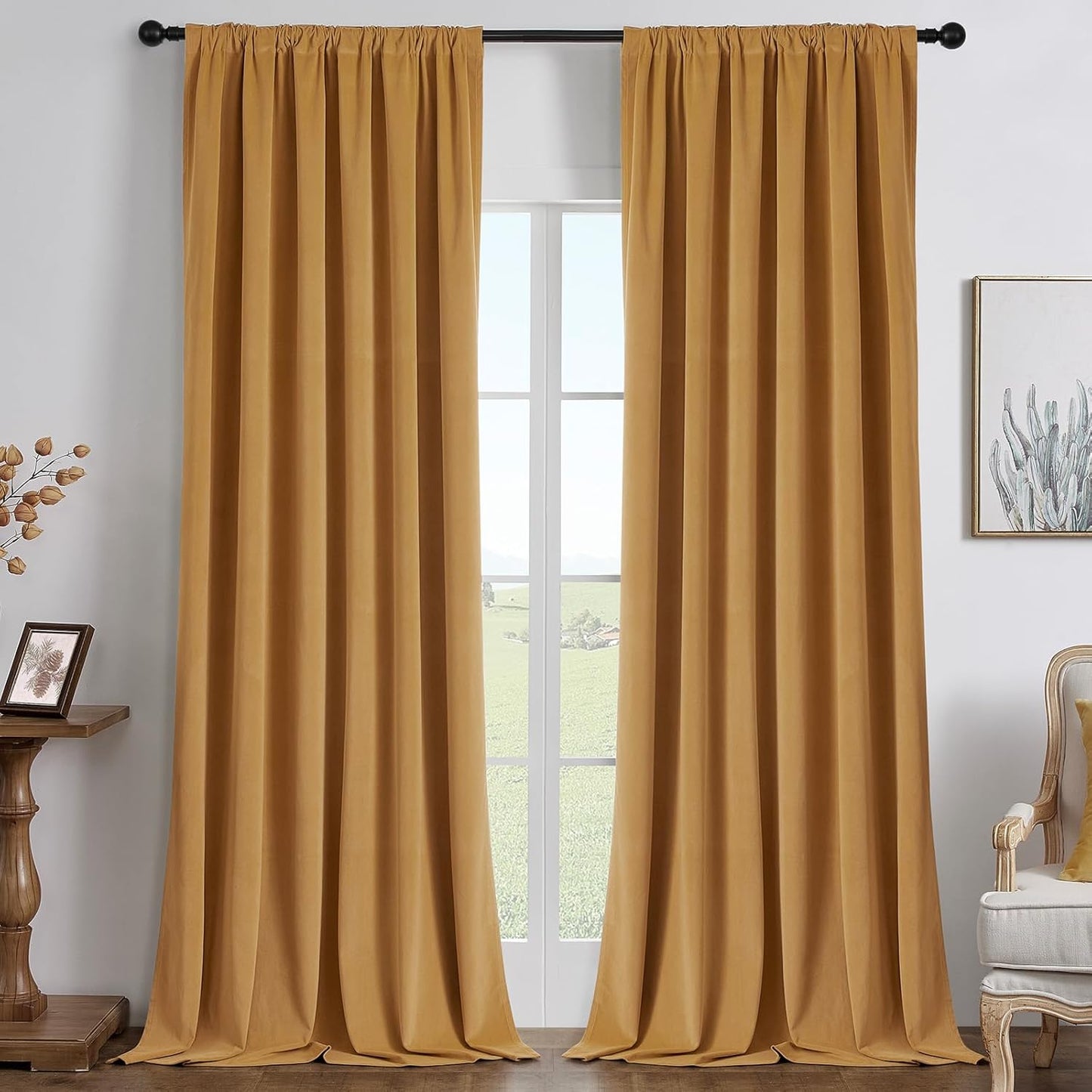 Joydeco Mustard Yellow 100% Blackout Curtains 84 Inch 2 Panels, Luxury Thermal Yellow Velvet Curtains for Bedroom Living Room, Soundproof Blackout Window Drapes, Rod Pocket & Back Tab (52W x 84L)
