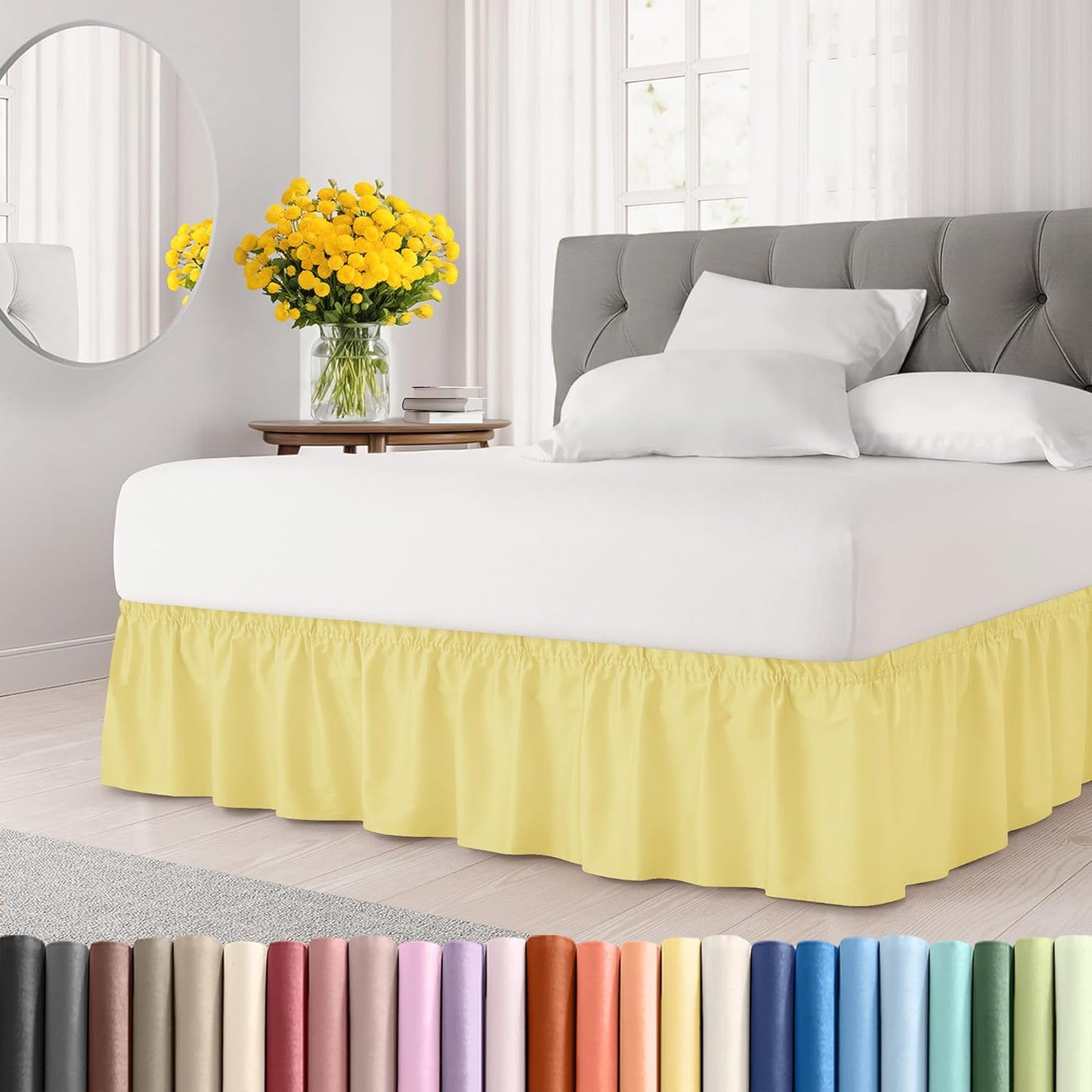Wrap Around Dust Ruffle Bed Skirt - Yellow - for Full Size Beds with 15 Inch Drop - Easy Fit Elastic Strap - Adjustable Pleated Bedskirt w/Brushed Fabric - Wrinkle Free - for Women, Men, Kids & Teens