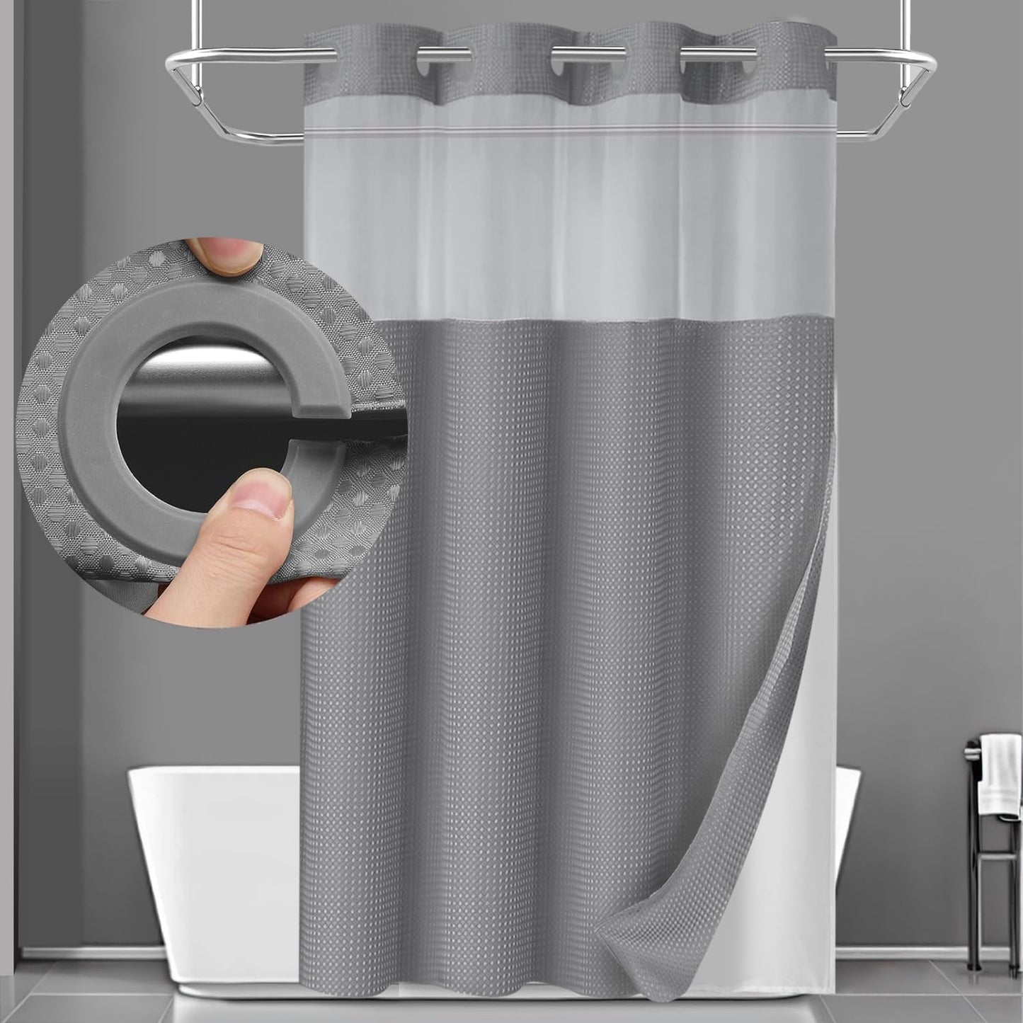 YellyHommy Stall No Hook Shower Curtain with Snap in Fabric Liner Set Less Time Grey Waffle Shower Curtain for Bathroom 75" L x 60" W
