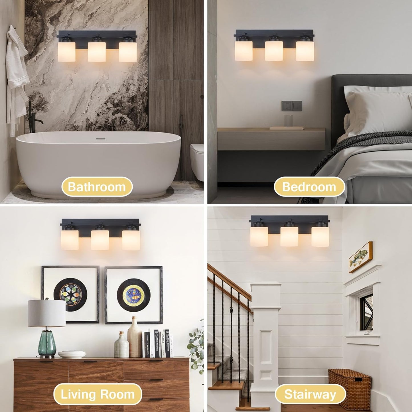 3 Light Modern Bathroom Light Fixtures Over Mirror, Black Vanity Lights for Bathroom Wall Sconces with Milky White Glass Shades, E26 Socket (Bulbs Not Included)