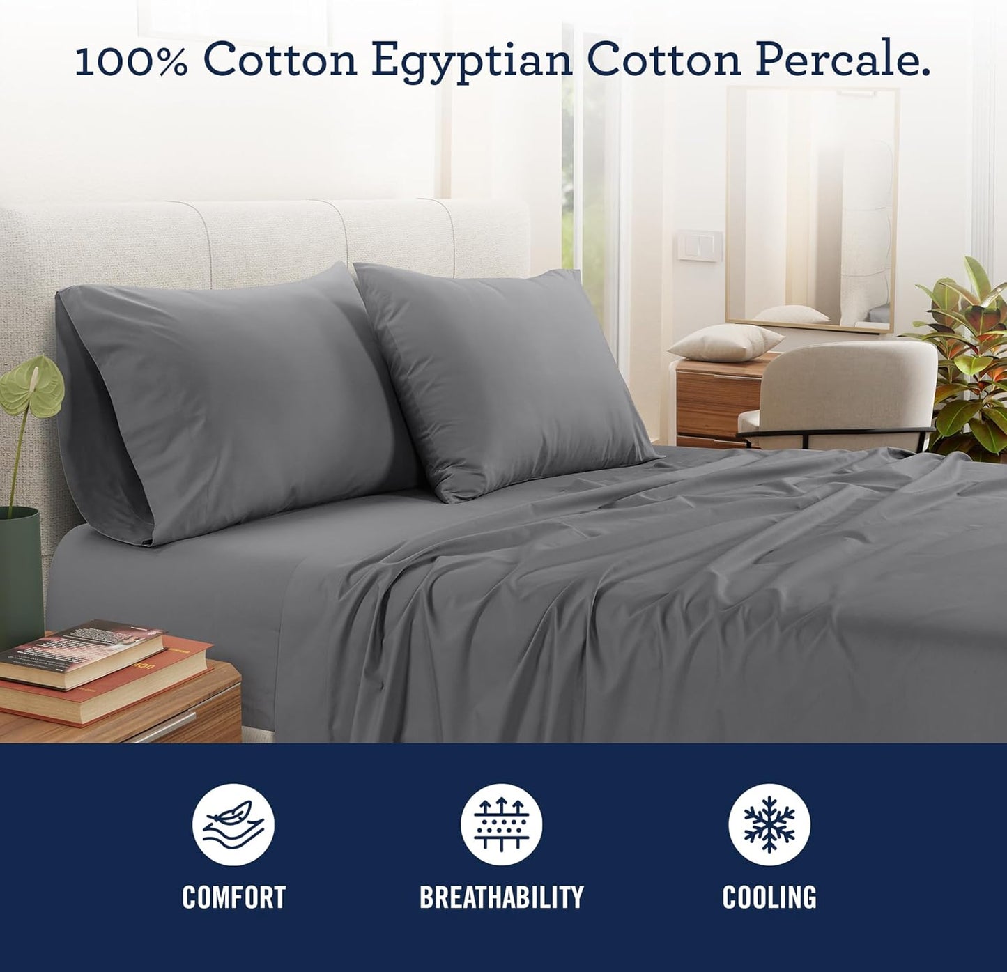 IZOD 100% Egyptian Cotton Sheets Set Queen Size, Cotton Percale Crisp Sheet Set 4Pc, Lightweight & Deep Pocket fits Upto 17", Long-Staple Soft Combed, Hotel Style Luxury Bedding Sheet - Carbon Steel