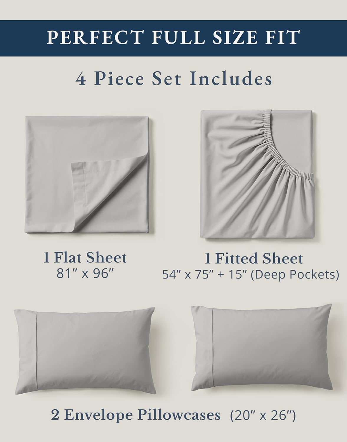 LANE LINEN 100% Organic Cotton Eco Friendly Full Size Sheet & Pillowcase Sets, 15" Deep Pocket Fully Elasticized Soft & Comfy Percale Bedding, Naturally Temperature Regulating Sheets Full- Silver