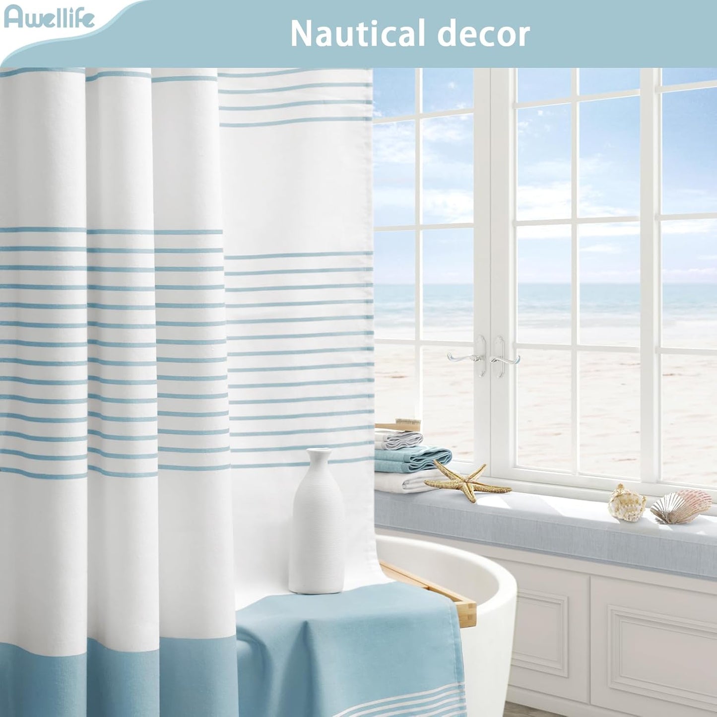 Awellife Blue Shower Curtain Beach Ocean Coastal Nautical Shower Curtain for Bathroom Stripe Tassel 72 X 72 Inches Cotton