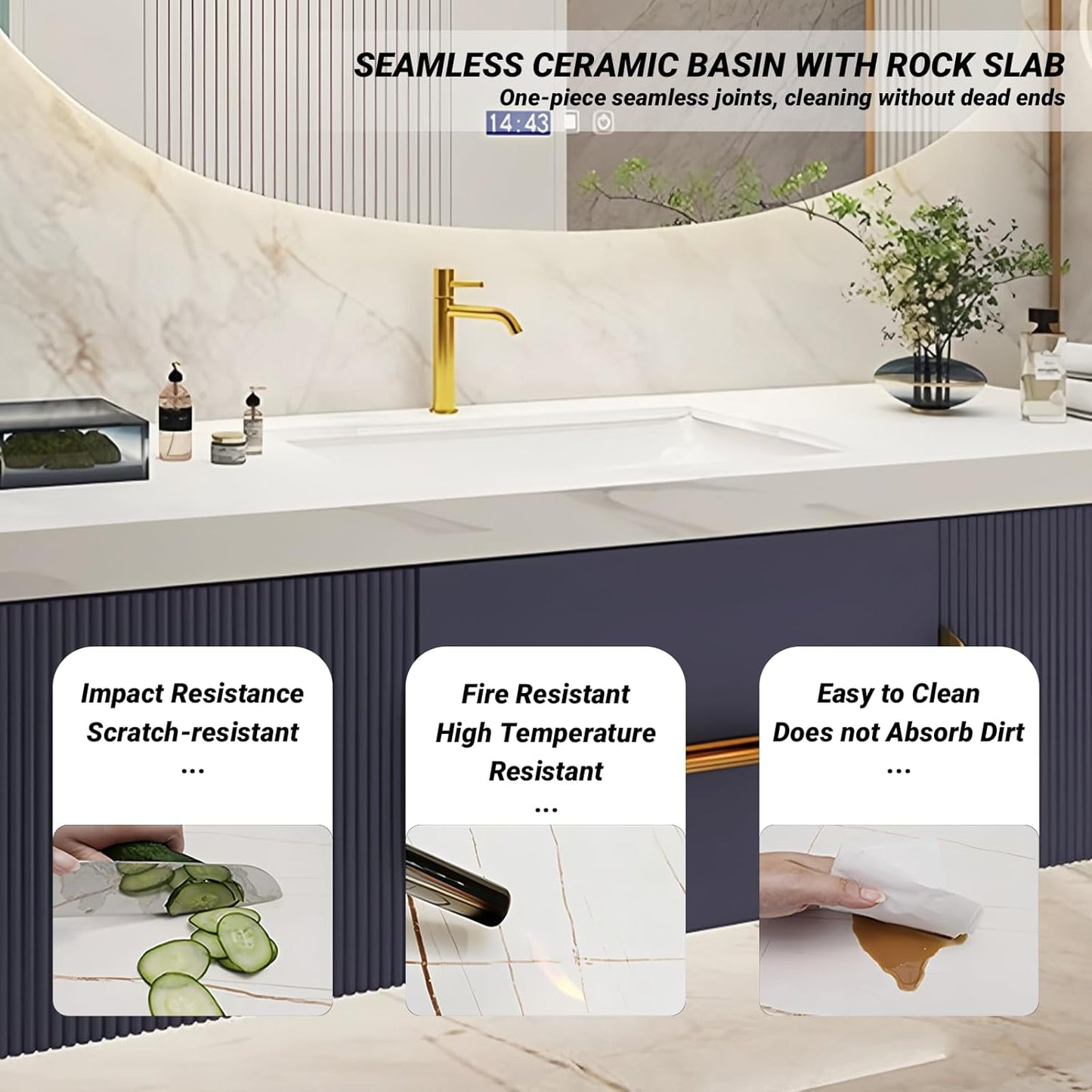 Bathroom Vanity with Double Sink, Modern Bathroom Vanities Compo Includes LED Smart Defogging Mirror Cabinet and Open Shelf, Solid Wood Bathroom Sink Vanity with Slate Countertop (Dark Grey,96")