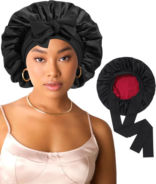 AWAYTR Women Satin Bonnet for Sleeping - Double Layer Silk Hair Bonnet with Elastic Tie Band for Braids Curly Hair