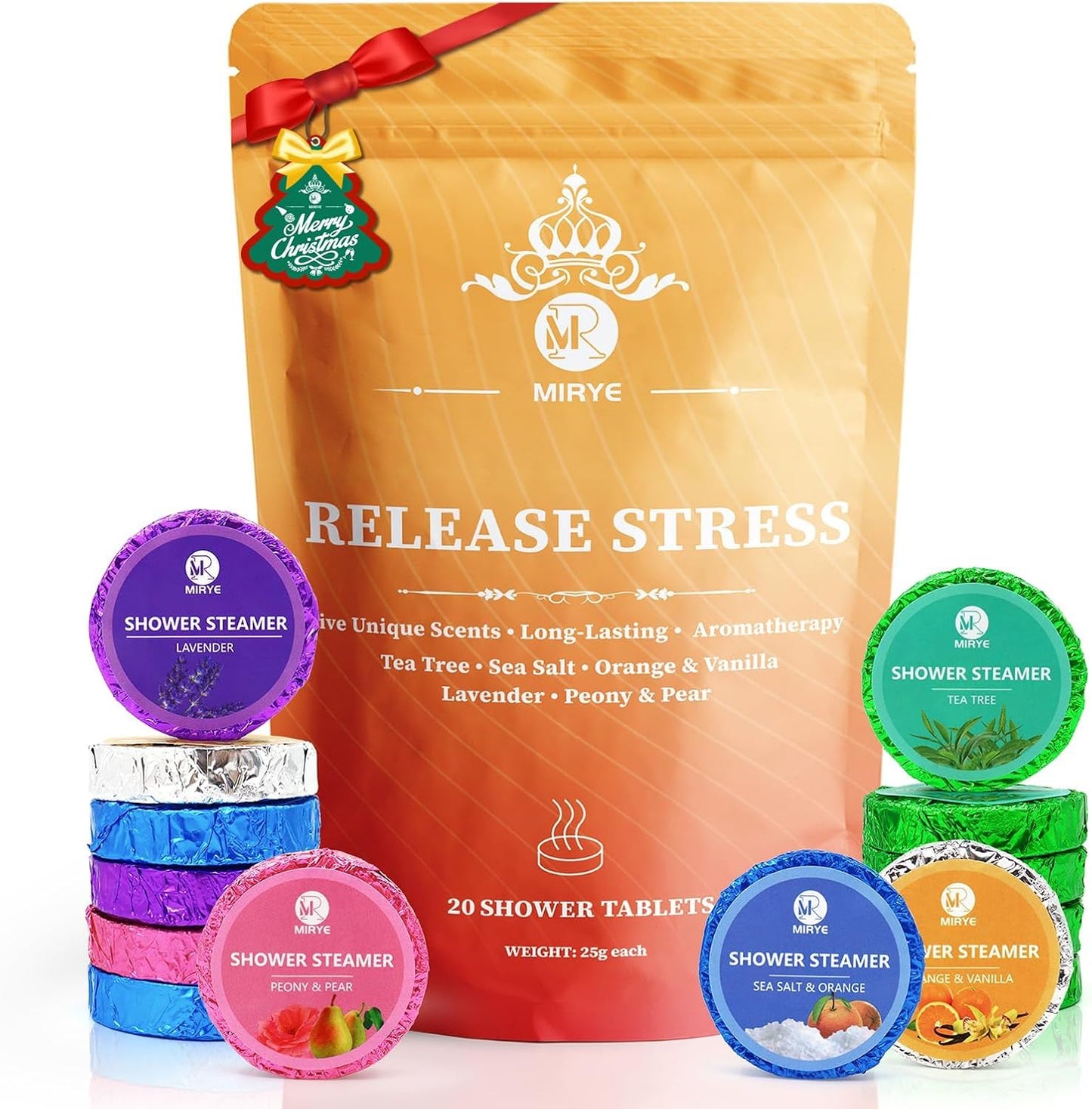 Shower Steamers Aromatherapy, Christmas Gifts for Women and Men, 20-Pack Organic Shower Bombs with Essential Oil, Tea Tree, Orange & Vanilla, Sea Salt, Lavender, Peony & Pear Bath Tablets