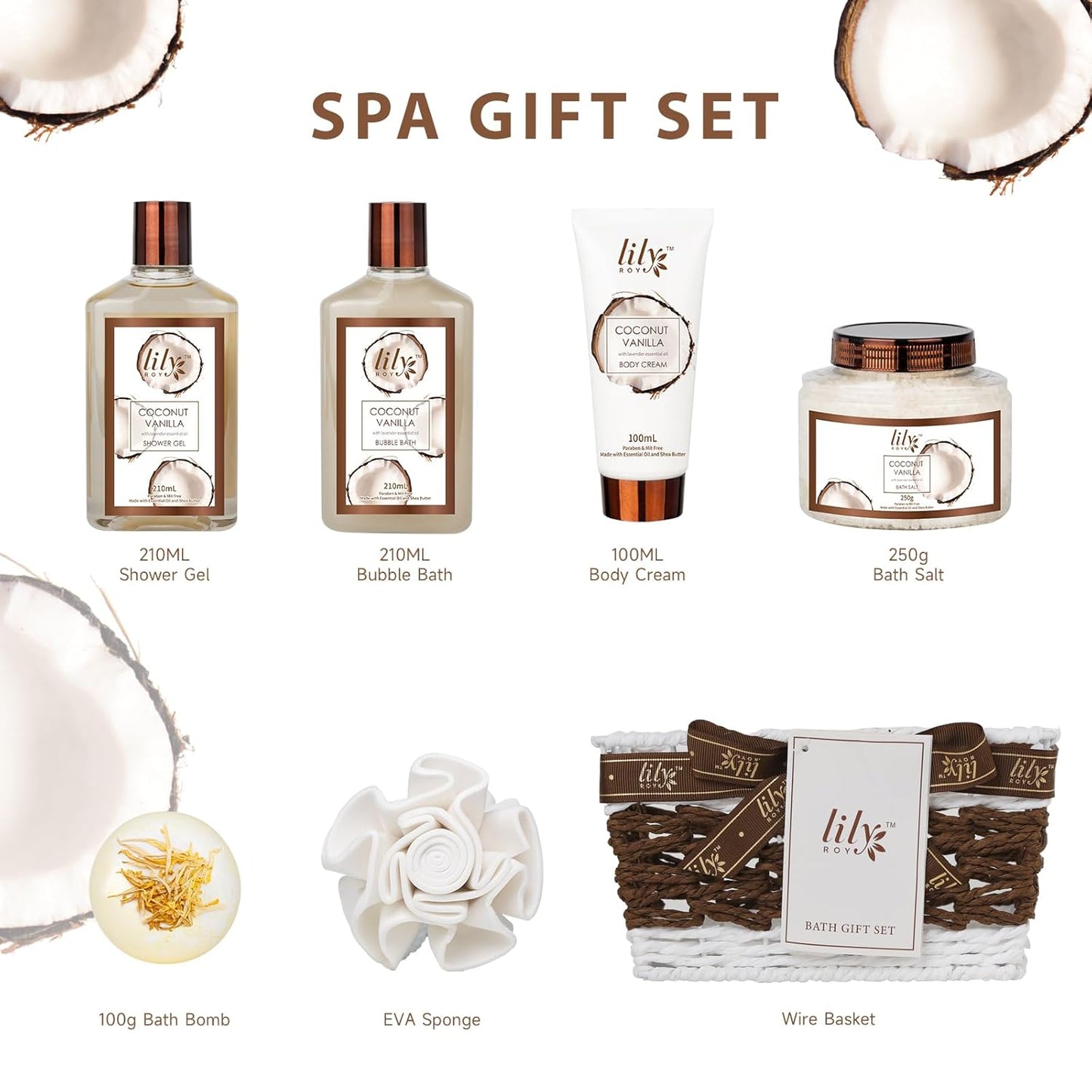 Christmas Gifts for Women - 7 Pcs Coconut Pampering Bath and Body Gift Basket Set for Women, Gift with Shower Gel | Valentine's, Birthday, Mothers Day Gifts for Mom, Perfect Gift for Mom All Occasion