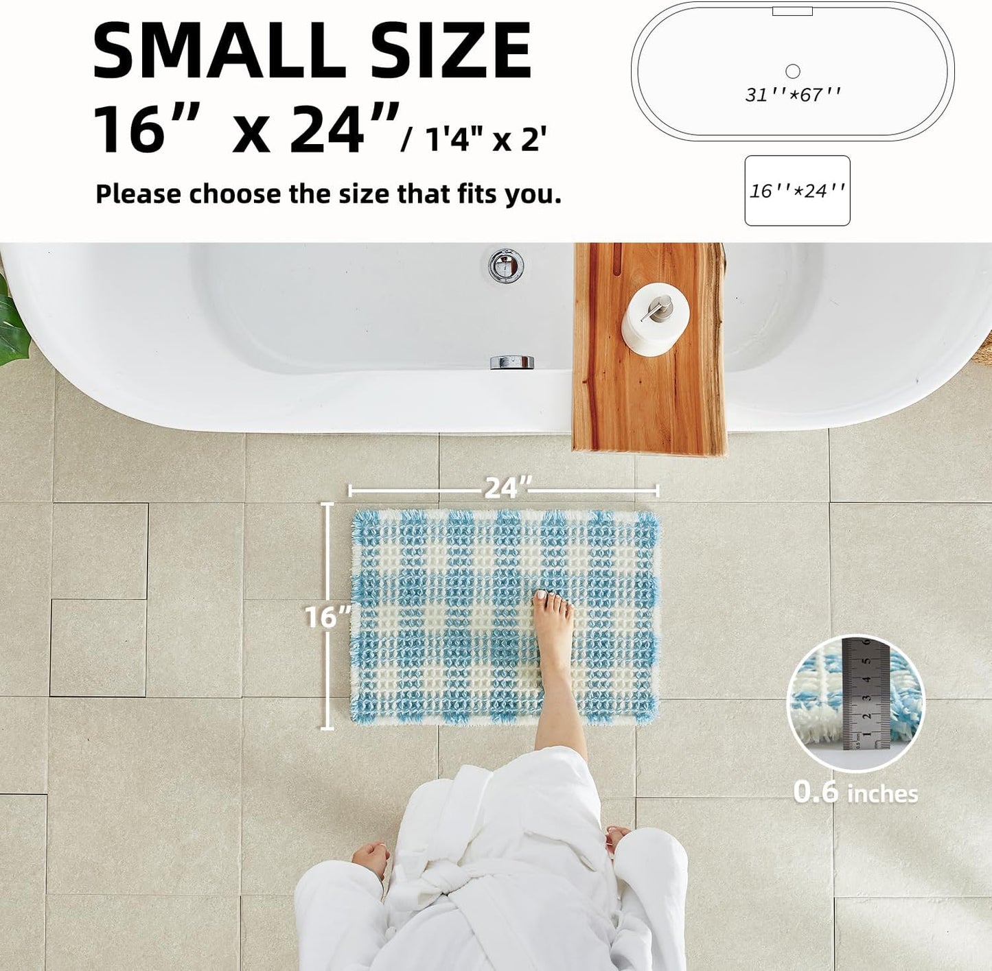 Waffle Bath Mat, Boho Bathroom Rugs Non Slip Washable Absorbent Checkered Bathroom Mat Quick Dry Cute Bath Mat, 24"x16" Blue and White