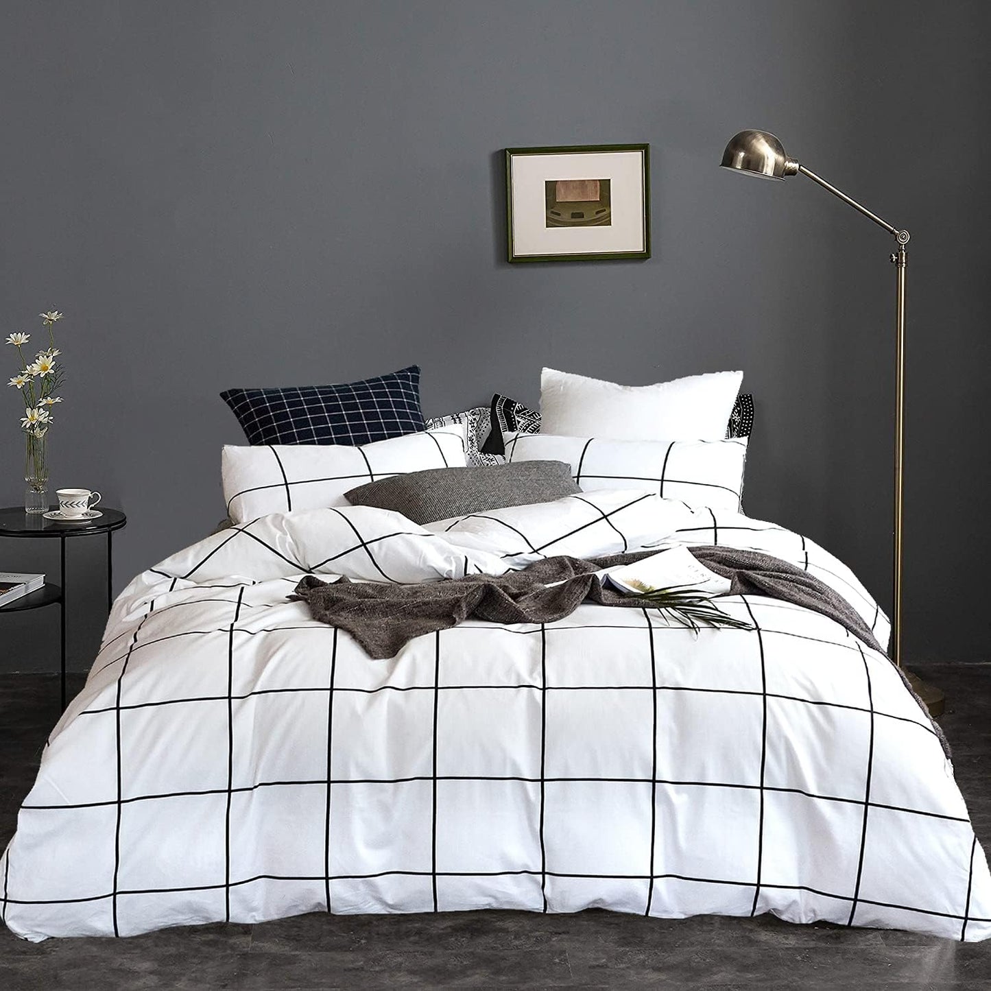 KAREVER White Grid Comforter Set Bedding Set Cal King White Black Plaid Printed Stripes Women 3 PCs Checkered Bed Set