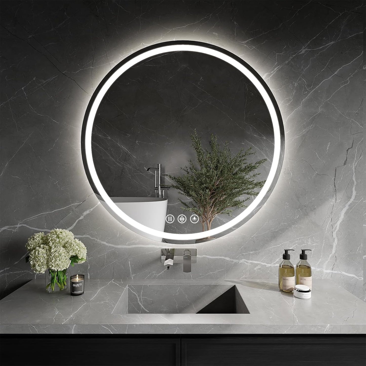 LED Bathroom Mirror 24 Inch Round Bathroom Mirror with Lights, Circle LED Mirror, Wall Mounted Lighted Bathroom with 3 Colors Brightness, Anti-Fog, Dimmable, Shatter-Proof