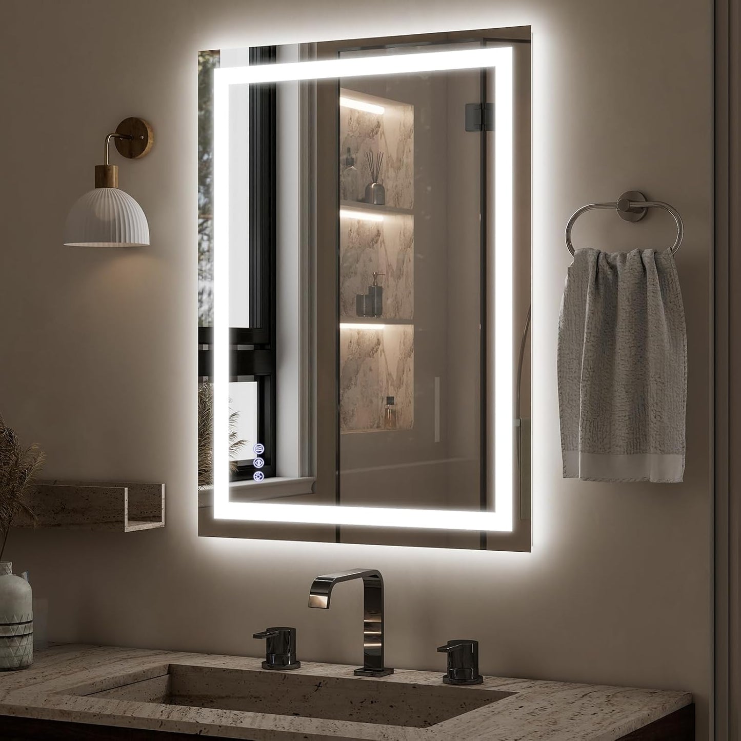 VooBang LED Wall Mounted Mirror with Lights, 40x30 inches Bathroom Mirror, Button to Adjust Lights, Three Lighting Modes, Tempered Glass with Anti-Fog Function, Suitable for Vanity and Bedroom, White