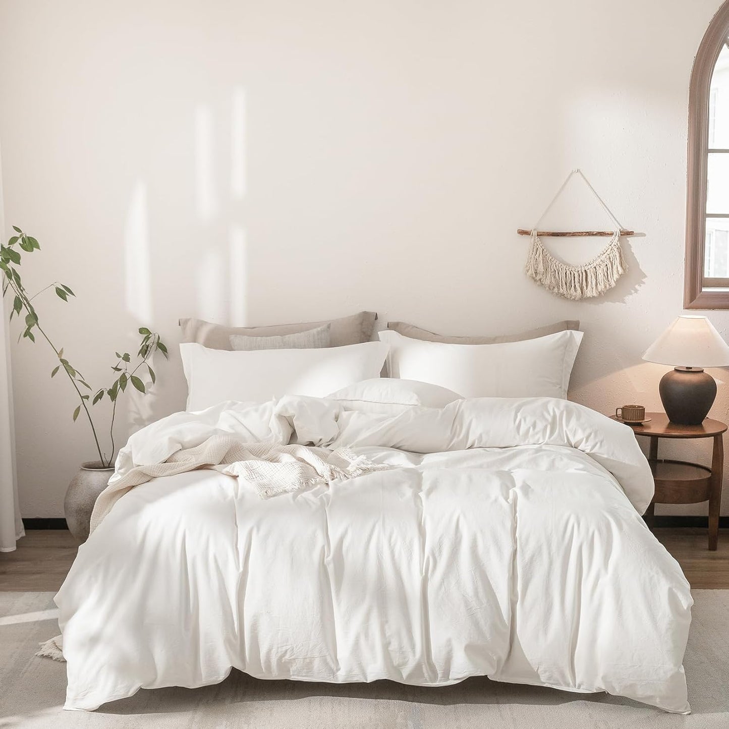 Linen Feel Duvet Cover Full Size 90inch x 80inch,100% Washed Cotton Duvet Cover with Zipper Closure and 2 Pillowcases, Color of Off White
