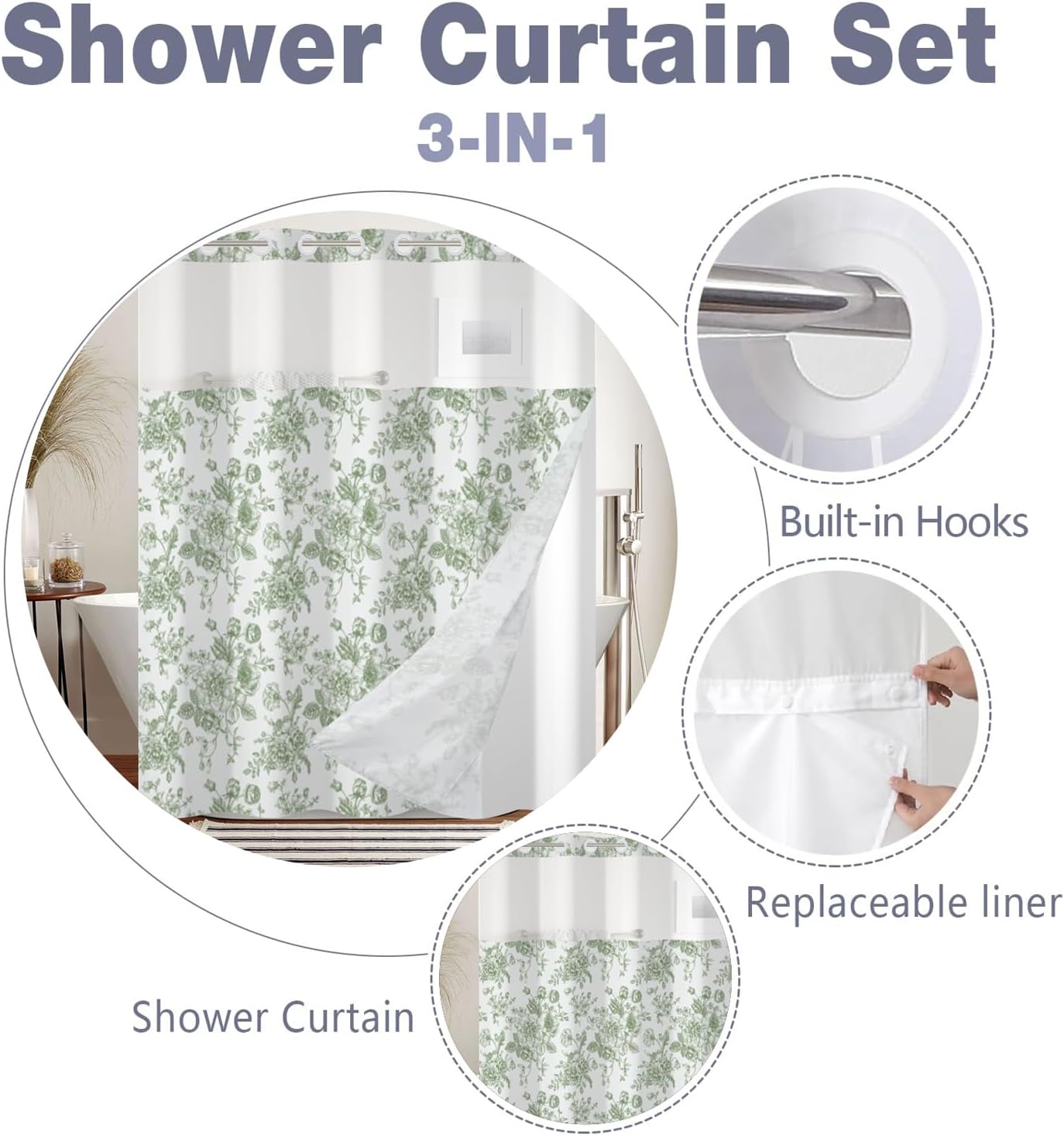 Floral Shower Curtain No Hooks with Snap in Fabric Liner Set,Spring Farmhouse Shower Curtain Hotel Bathroom Decor,with See Through Top Window,Green Flowers Fabric Waterproof,71x74 Inch