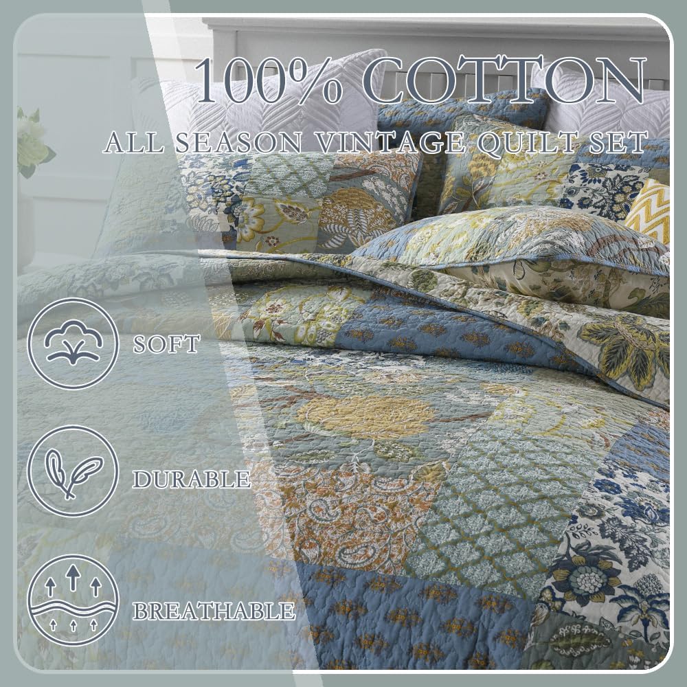 Cotton Bedspread Bedding Coverlet Quilt Sets, Reversible Vintage Branch Floral Bedspread comforters, (Rustic Sage Green Patchwork Pattern, Queen Size)