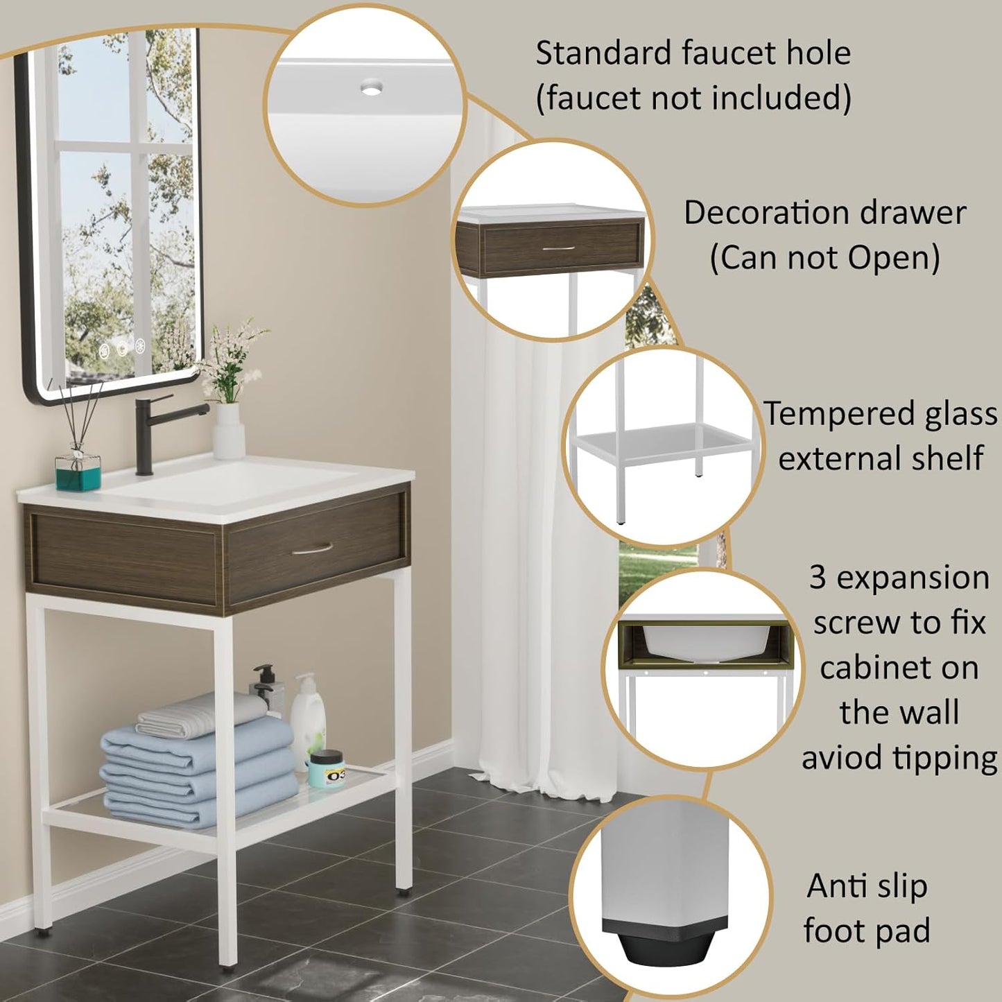 24 Inches Bathroom Vanity with Resin Sink, Single Sink Modern Cabinet Set, Stainless Steel Frame with Tempered Glass Open Shelf, Freestanding Bathroom Storage Cabinet Combo, White