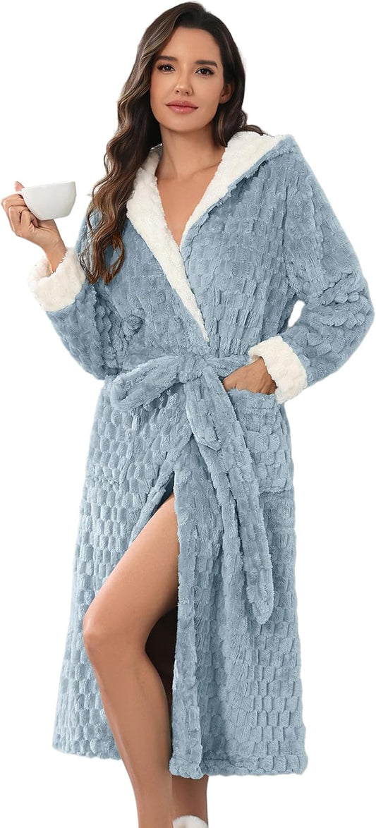 Ekouaer Womens Plush Robes Long Soft Jacquard Fluffy Bathrobe Hooded Robe Sleepwear with Pockets