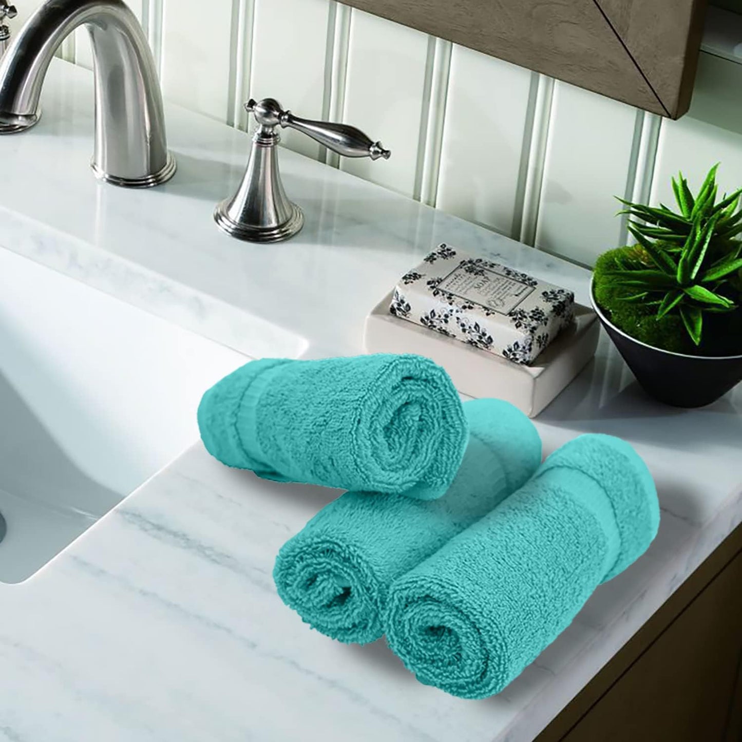 Luxury Hotel & Spa Towel Turkish Cotton Washcloths - Aqua - Dobby Border - Set of 6