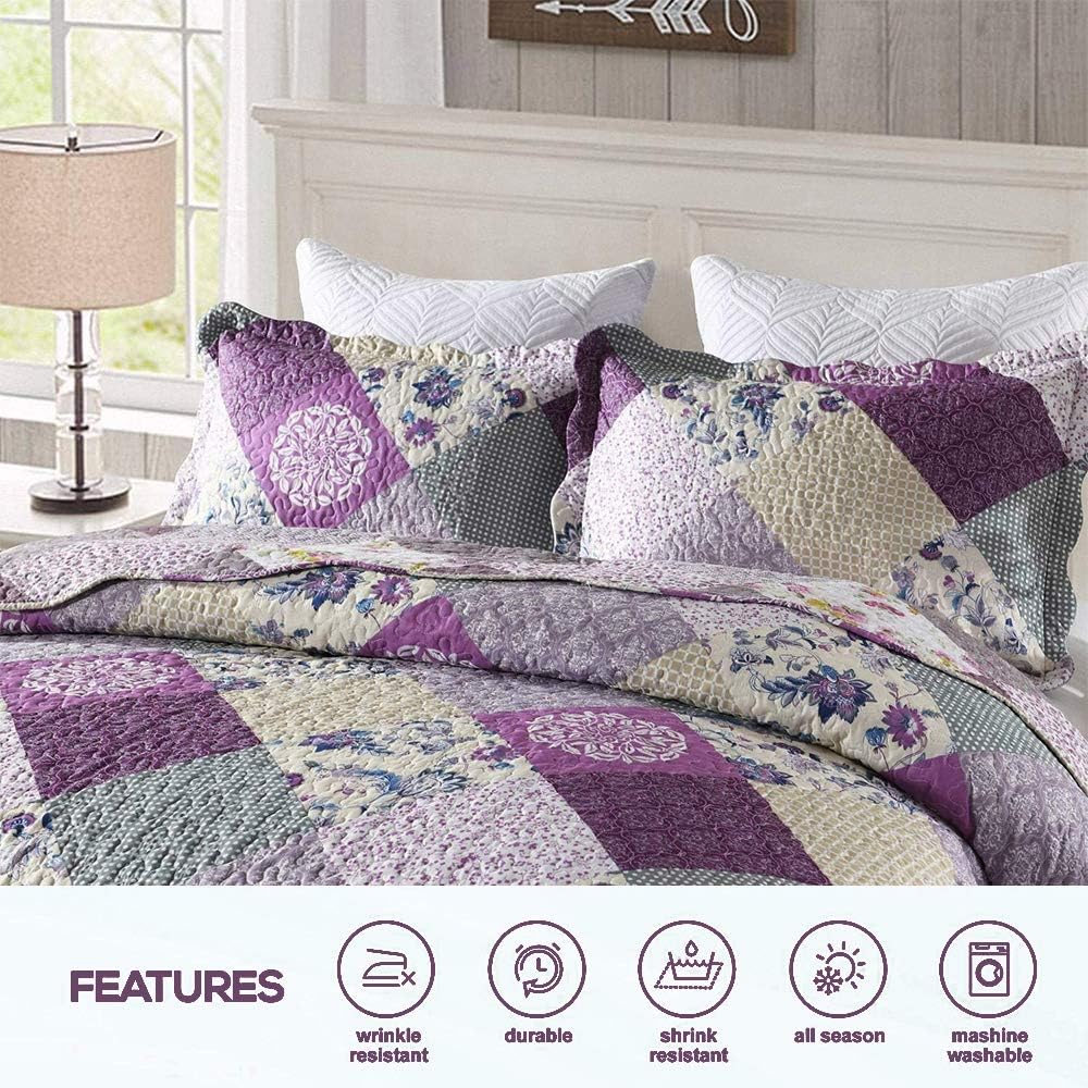 ENJOHOS Purple Patchwork Quilt Queen Size, 3Pc Floral Plaid Queen Bedspread Coverlet Set for All Seasons, Soft Reversible Microfiber Lightweight Bed Cover