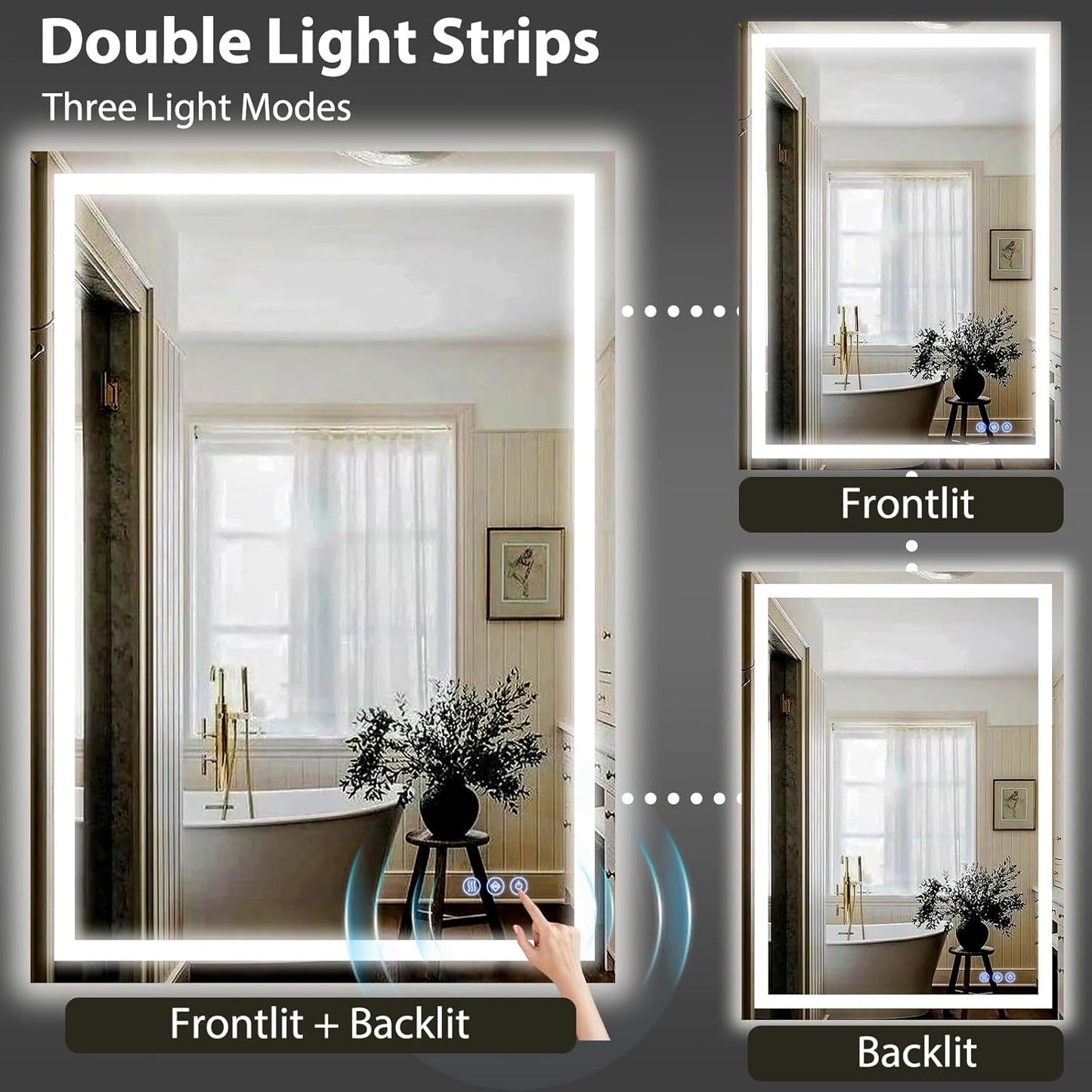 GLSLAND LED Bathroom Mirror - 24"x32" Anti-Fog Wall Mirrors with Memory Function, Dimmable, Frontlit & Backlit, Horizontally/Vertically, Tempered Glass
