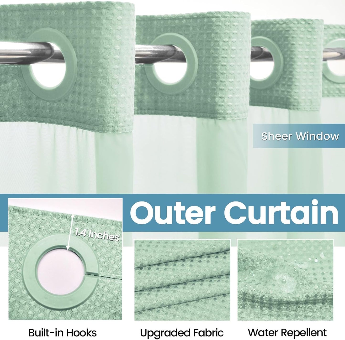 Mint Green No Hook Shower Curtain with Snap in Liner,230GSM Waffle Weave Shower Curtains for Bathroom,71W x 74H