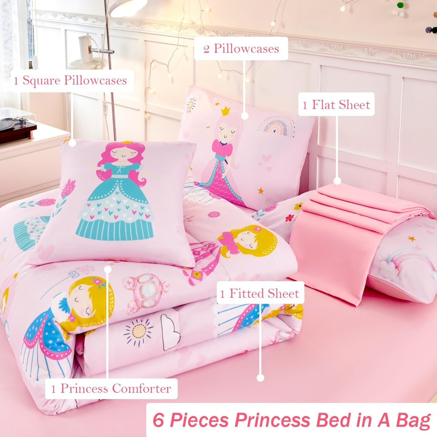ANGIYUIN 6Pcs Pink Princess Kids Comforter Set Full Cute Rainbow Girl Bed in A Bag Fairy Tales Castle Bedding Set(1 Comforter, 1 Flat Sheet, 1 Fitted Sheet, 2 Pillowcases,1 Square Pillowcases)