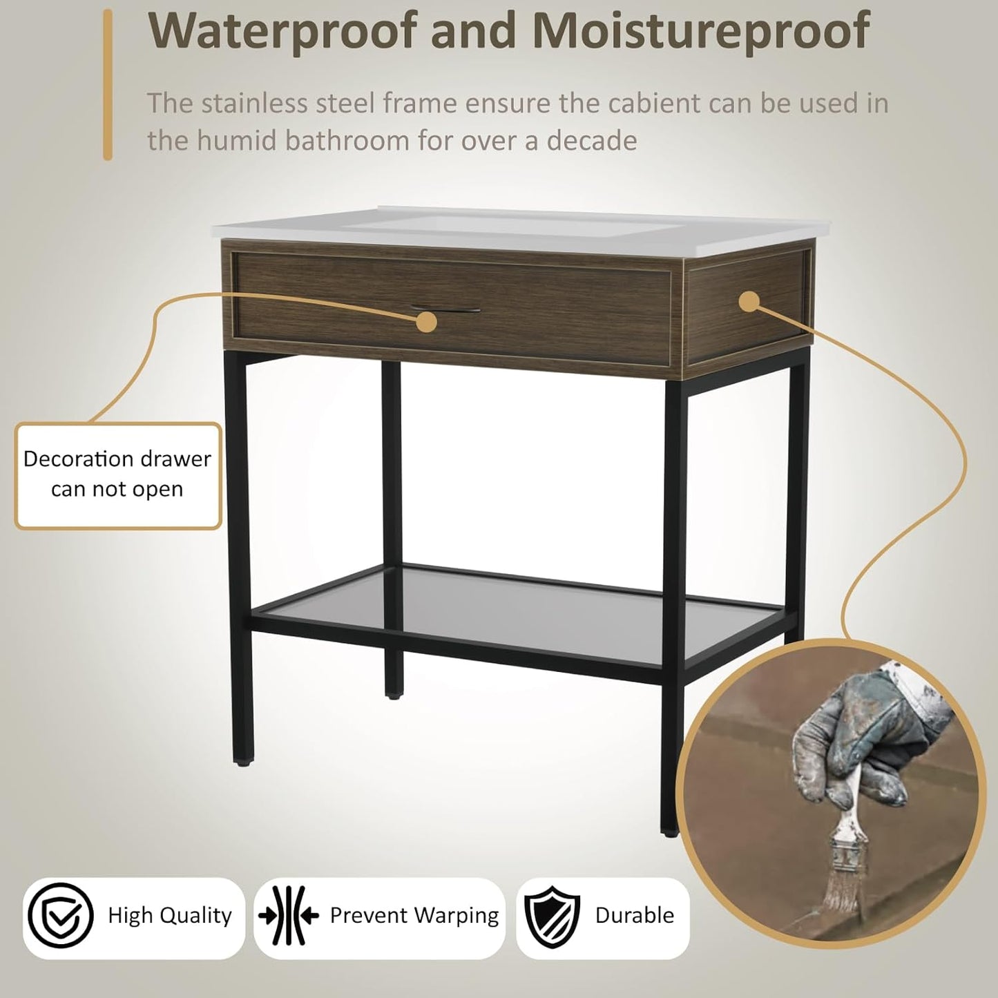 30 Inches Bathroom Vanity with Resin Sink, Single Sink Modern Cabinet Set, Stainless Steel Frame with Tempered Glass Open Shelf, Freestanding Bathroom Storage Cabinet Combo, Black