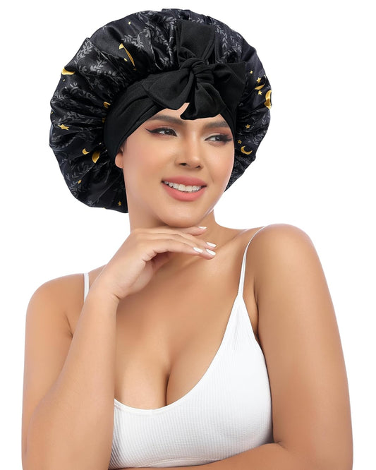 AWAYTR Silk Bonnet for Sleeping Women 100% Mulberry Silk Bonnet with Band 2 Layer Reversible Hair Bonnet Sleeping Hair Wrap (Stars/Black)