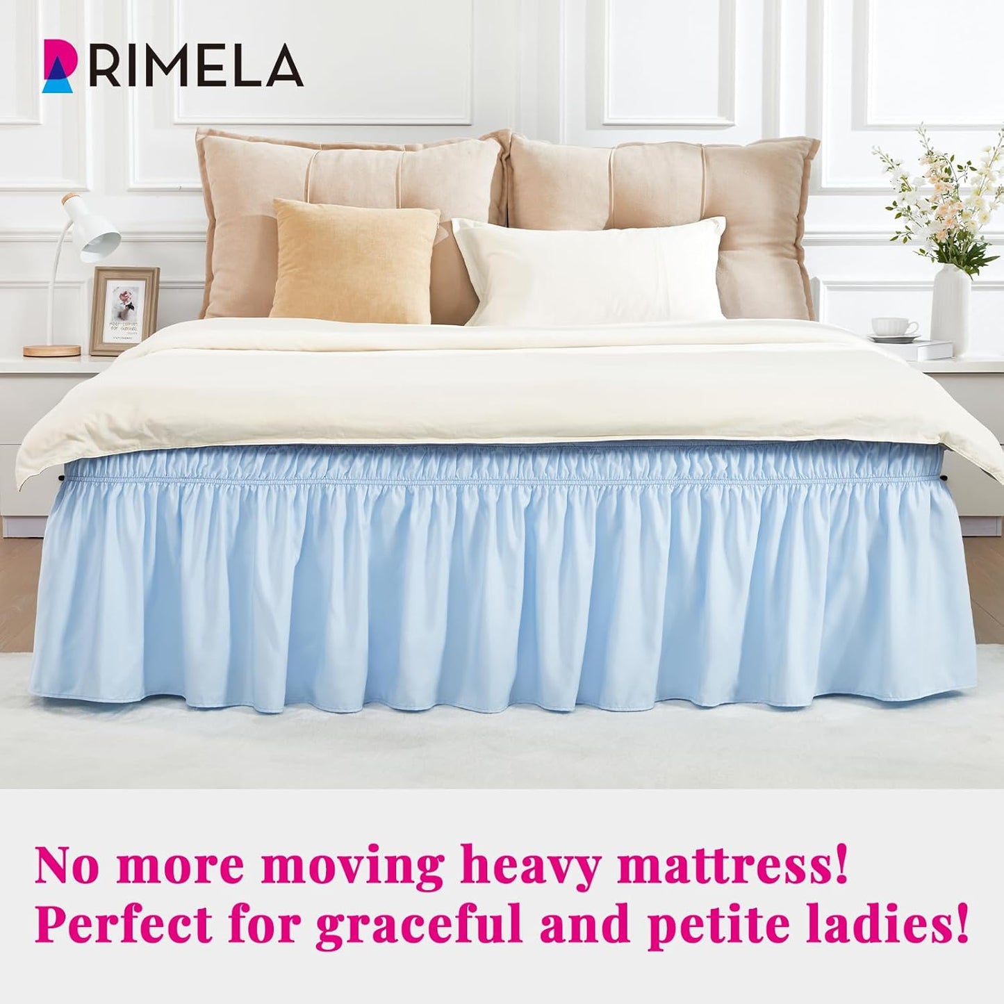 RIMELA Light Blue Bed Skirt King Size 18 Inch Drop, Elastic Bed Skirting for Bed Base and Frame, Bedding Dust Ruffle Easy to Install, Lightweight Wrap Around Adjustable Bedskirt