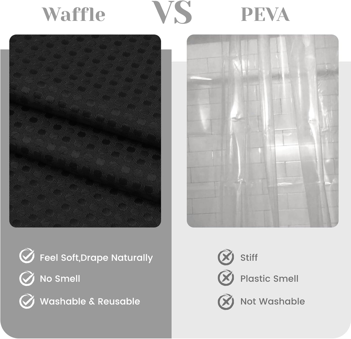 No Hook Shower Curtain with Snap in Liner Set Waffle Shower Curtain for Bathroom Hotel Style Fabric Waterproof Inner Liner，71" W x 74" H, Black