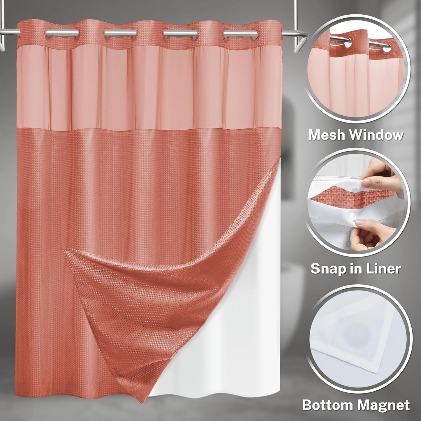 No Hook Shower Curtain with Snap in Liner Set Waffle Shower Curtain for Bathroom Hotel Style Fabric Waterproof Inner Liner，71" W x 74" H, Coral