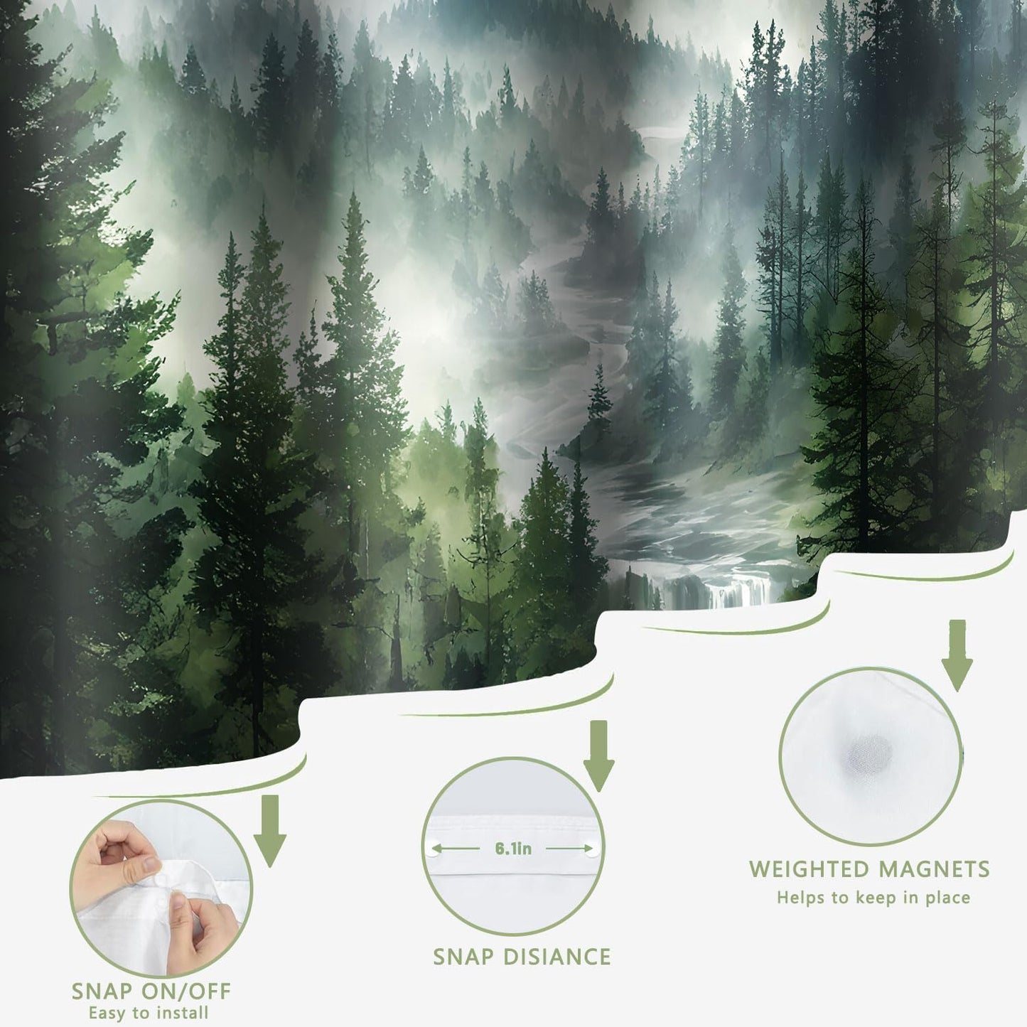 No Hook Mountain Shower Curtain with Snap in Liner Set Modern Forest for Bathroom Fabric Ringless Mist Pine Tree Curtains and Hotel Bathroom Indoor and Outdoor Decoration 71 x 74