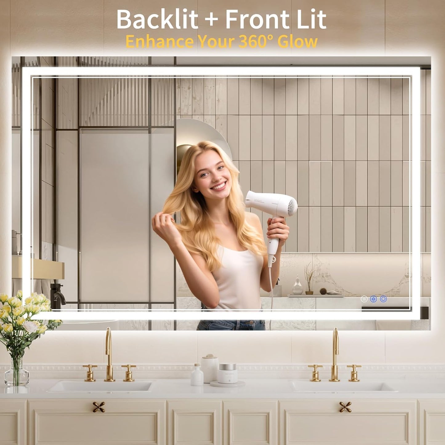 36"x55" LED Bathroom Mirror with Lights, Anti-Fog, Backlit + Front Lit, Dimmable, Led Vanity Mirror for Wall, Lighted Bathroom Mirror, 3 Colors, Shatter-Proof Tempered Glass