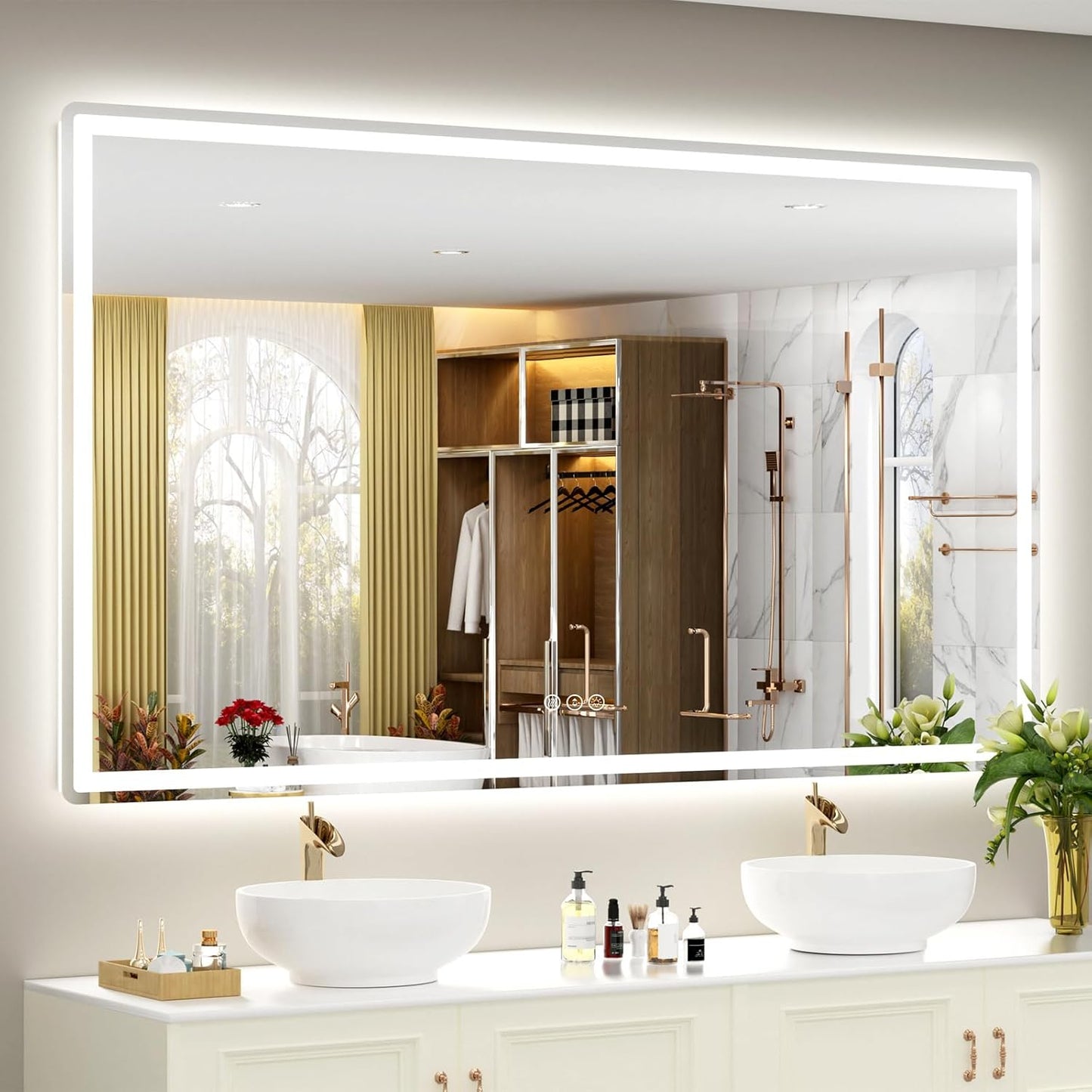 SMIROR LED Bathroom Mirror with Lights 66"x 40", Rounded Rectangle Lighted Vanity Mirror for Wall, Front Lit and Backlit, 3 Colors, Dimmable, Anti-Fog, Tempered Glass (Horizontally/Vertically)