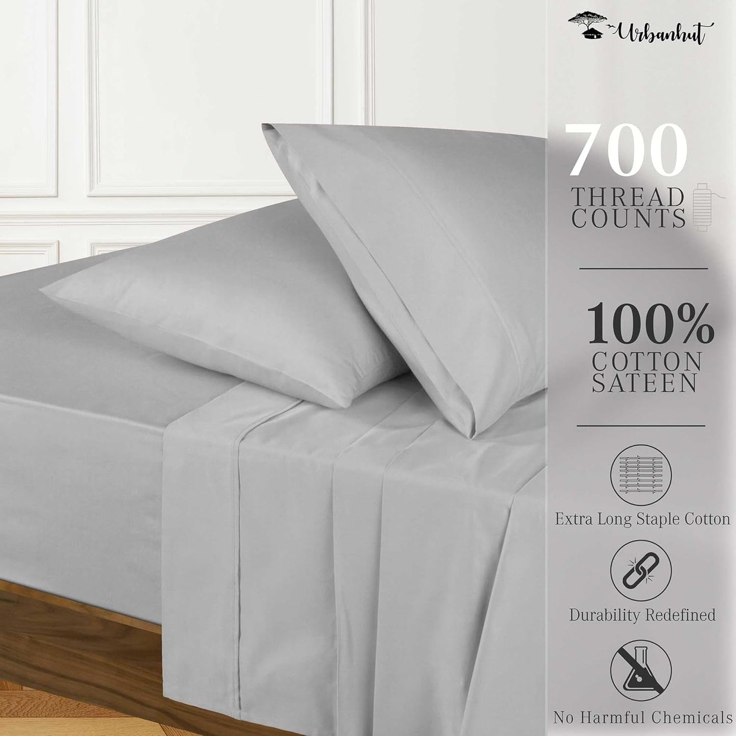 URBANHUT 700 Thread Count Egyptian Cotton Sheets Twin Size, 4Pc Sheet Set Soft Luxury Bed Sheets for Twin Size Bed, Sateen Weave Hotel Sheets, 14'' Elasticized Deep Pocket - Silver Grey