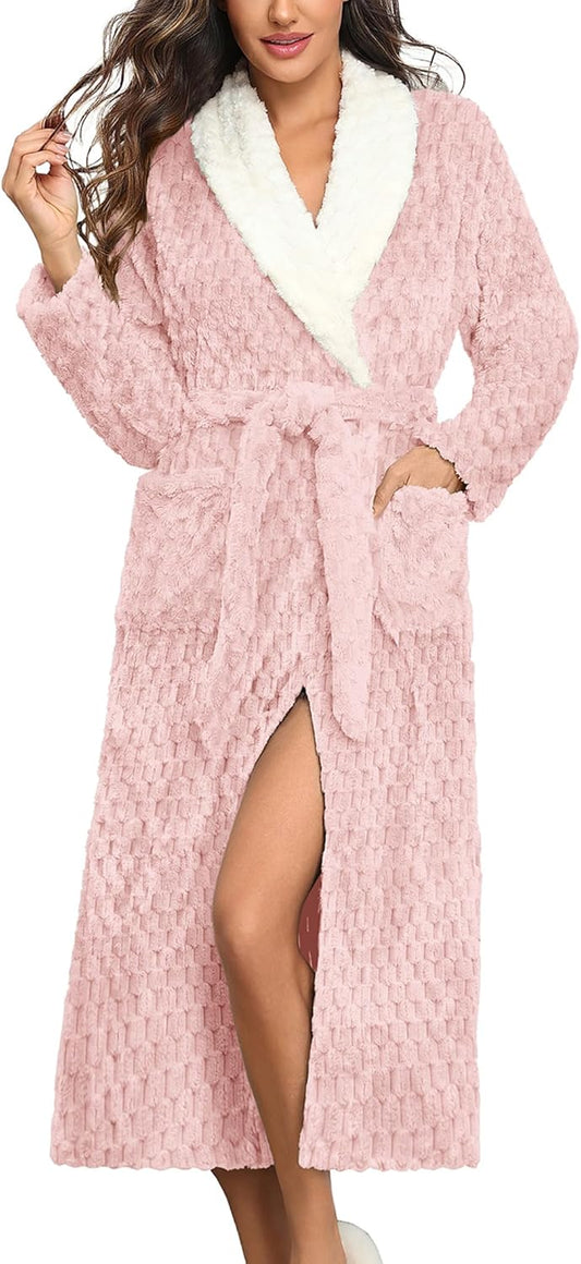 Ekouaer Women's Robe Long Plush Soft Bathrobe Jacquard Color Block Robes Shawl Collar Sleepwear with Pockets S-XXL