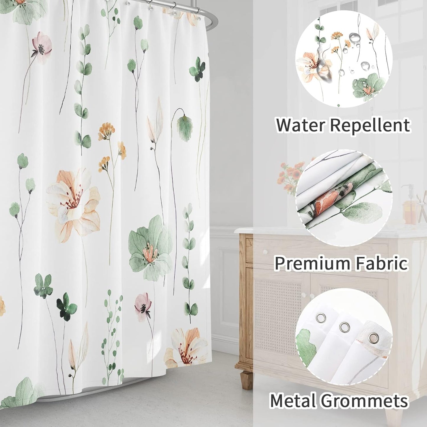 Gibelle Long Shower Curtain 72 x 78, Watercolor Floral Fabric Shower Curtain, Sage Green Beige Flower Decorative Bathroom Shower Curtain Set with Hooks
