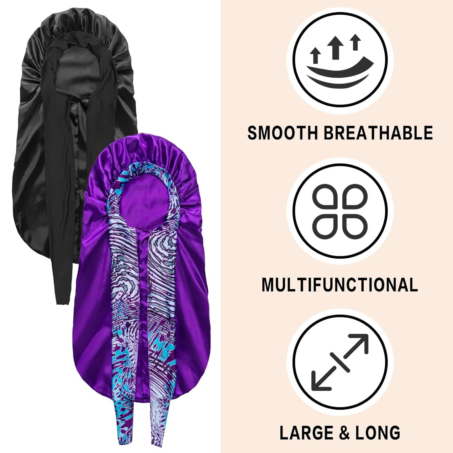 2Pcs Bonnets for Women Sleeping Braid Bonnet, Large Long Satin Silk Bonnet for Braids, Black Women Braid Bonnets with Stretchy Tie Band for Sleeping Extra Long (Black & Purple Pattern)